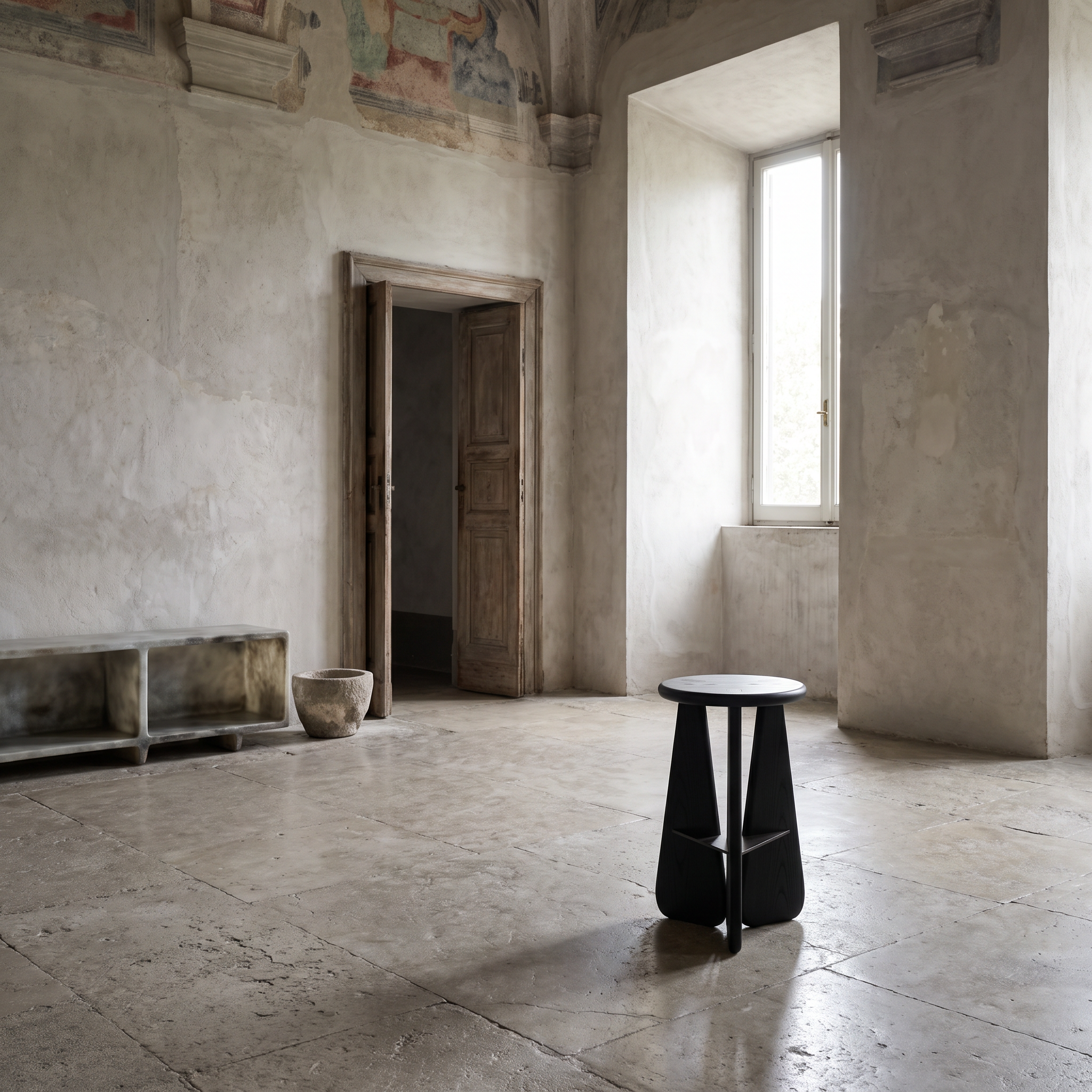 Slash Works Object 02 — stool in a frescoed room with a stone bowl and doorway