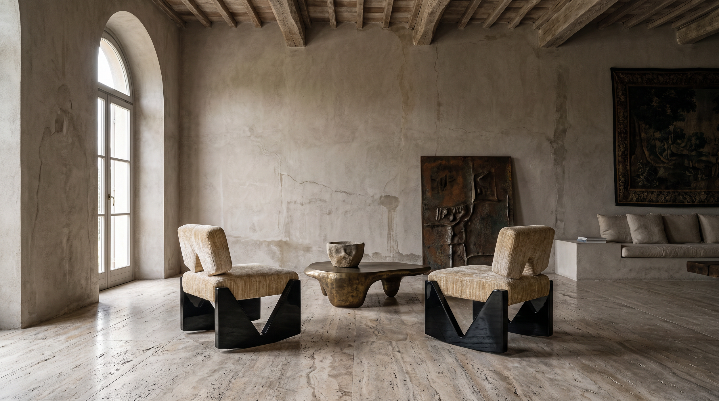 Slash Works Object 03 — pair of lounge chairs facing across a bronze table under a beamed ceiling