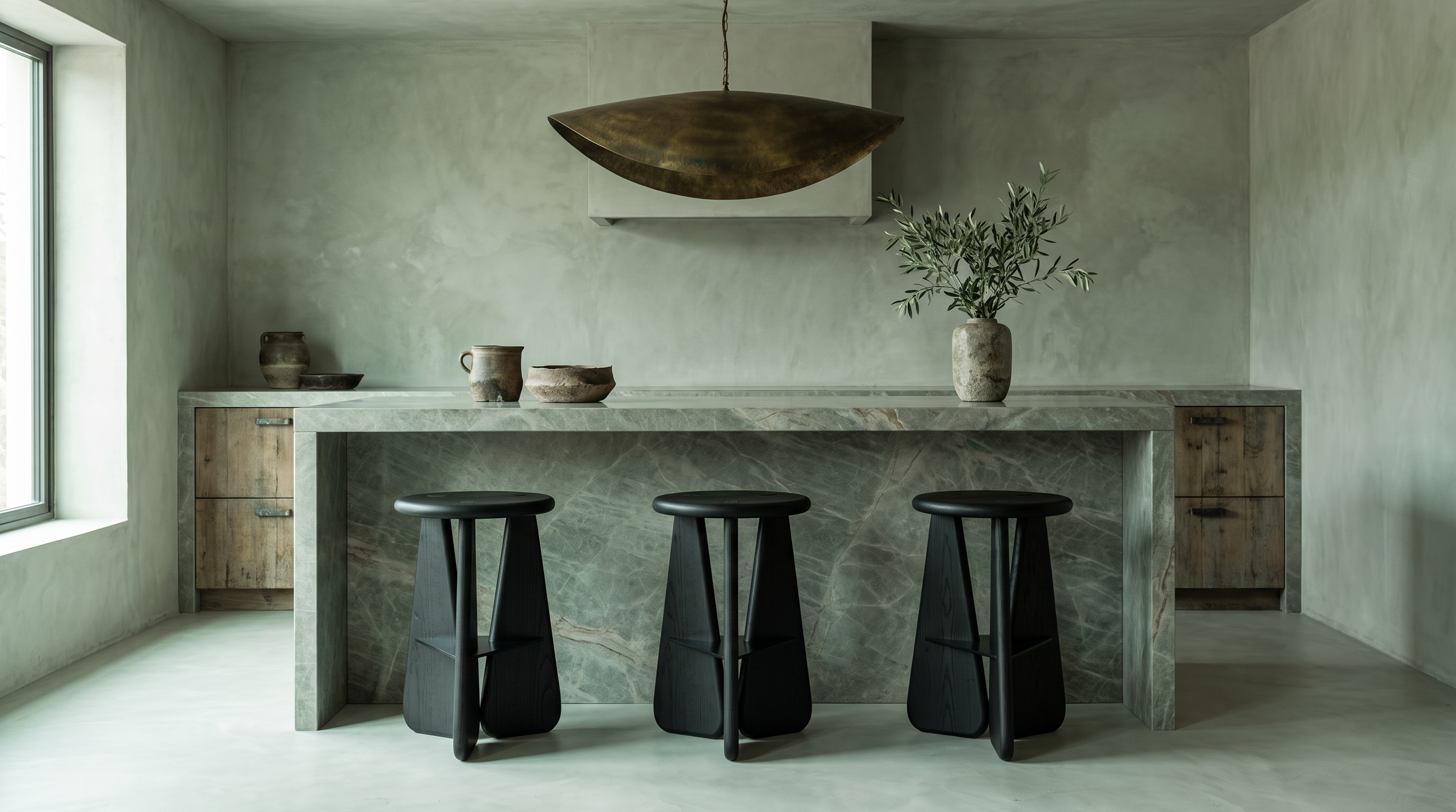 Slash Works Object 02 — three stools at a green marble kitchen island
