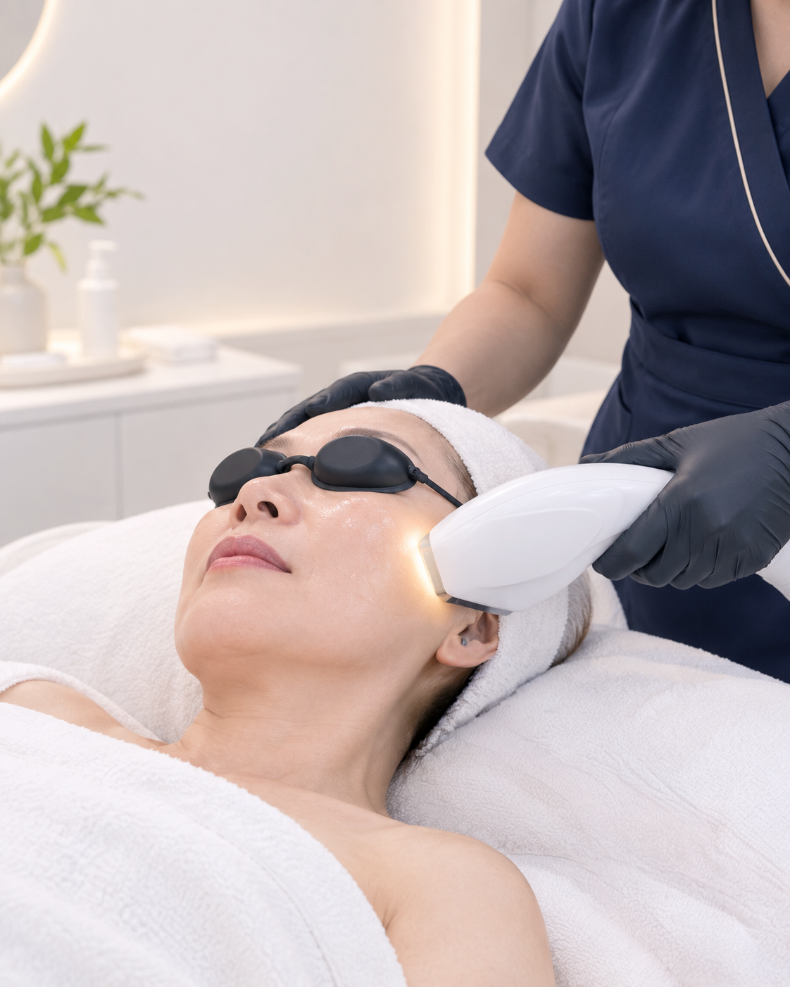 A face partially illuminated by controlled treatment light, with protective eyewear where appropriate.