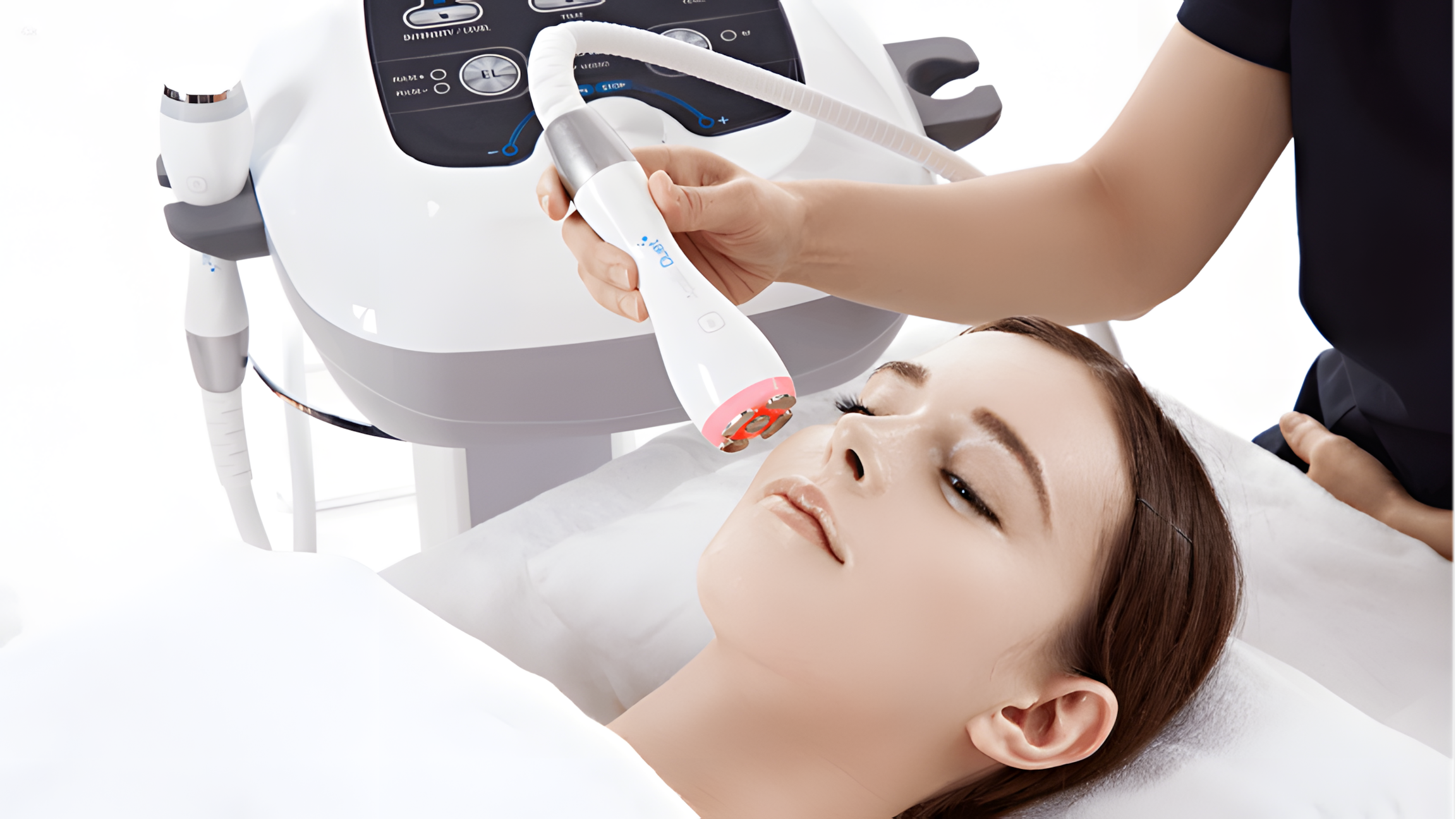 A sculptural lower-face profile with the RF applicator in contact with the skin.