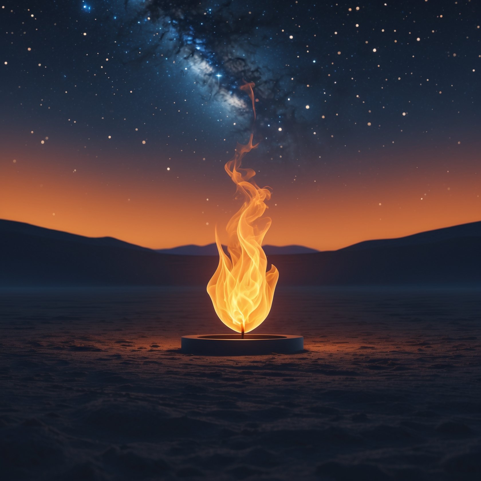 Glowing flame in a vast desert under a starry sky, symbolizing inner strength and unwavering virtue in Staoicism.