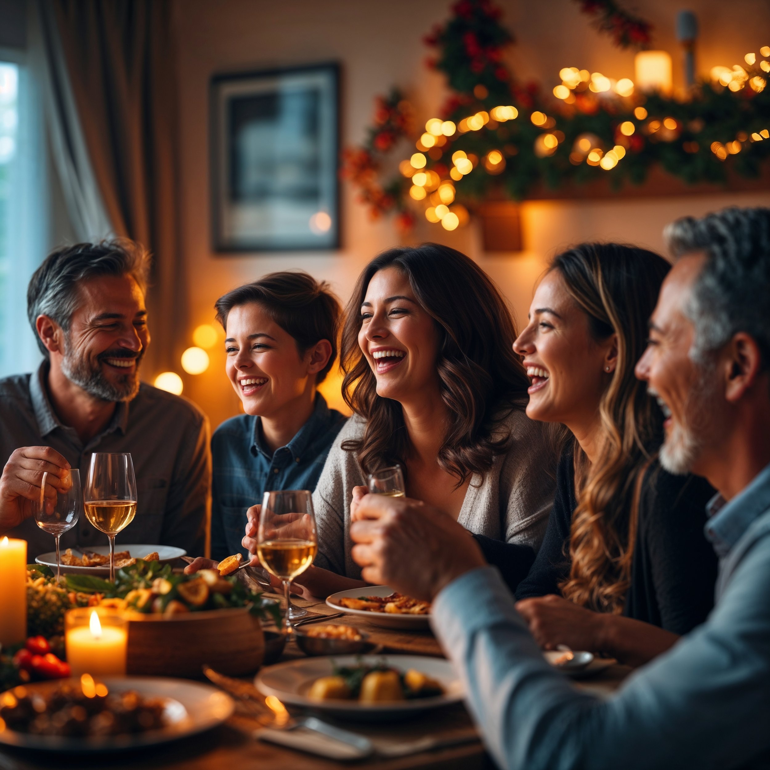 A family gathered around a dinner table, laughing and connecting in a warm, festive setting, symbolizing mindfulness and presence during gatherings.