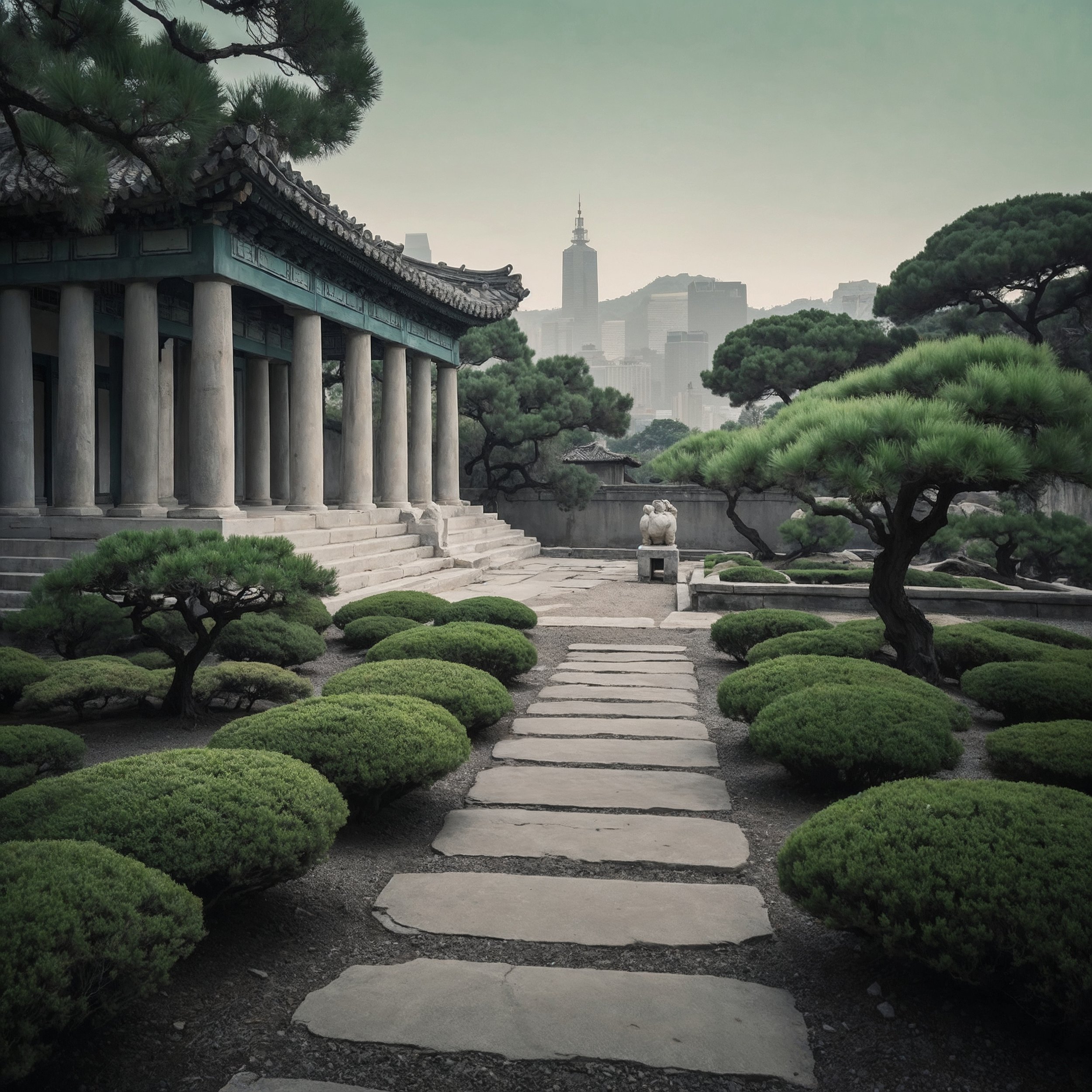 A tranquil urban garden with a stone path, ancient column fragment, and brushstroke-style tree, symbolizing the blend of ancient wisdom and modern clarity in a serene setting.