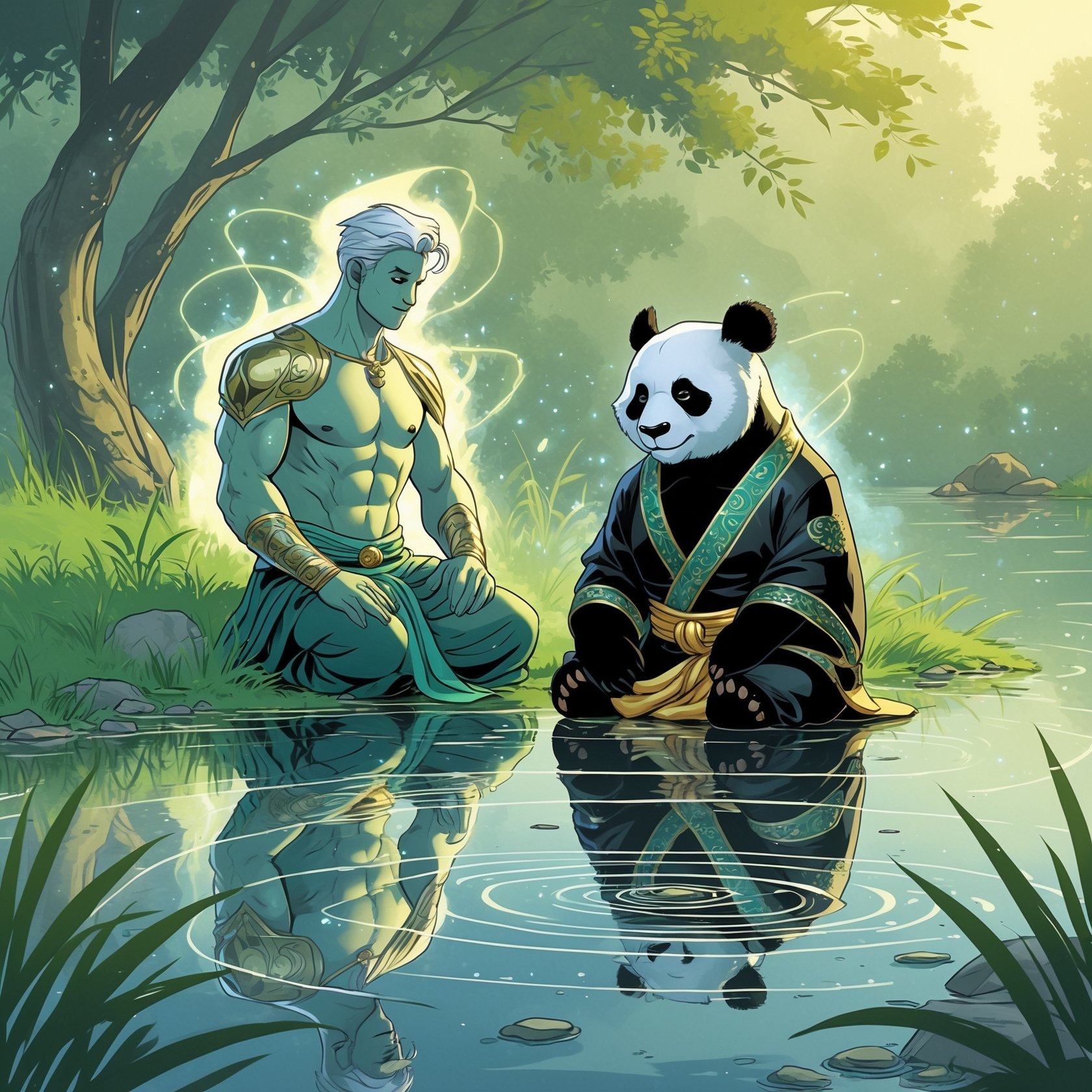 A tranquil forest glade featuring Stao Panda by a calm pond with Sageon observing nearby, embodying the balance of stillness and motion in Kronao’s essence.