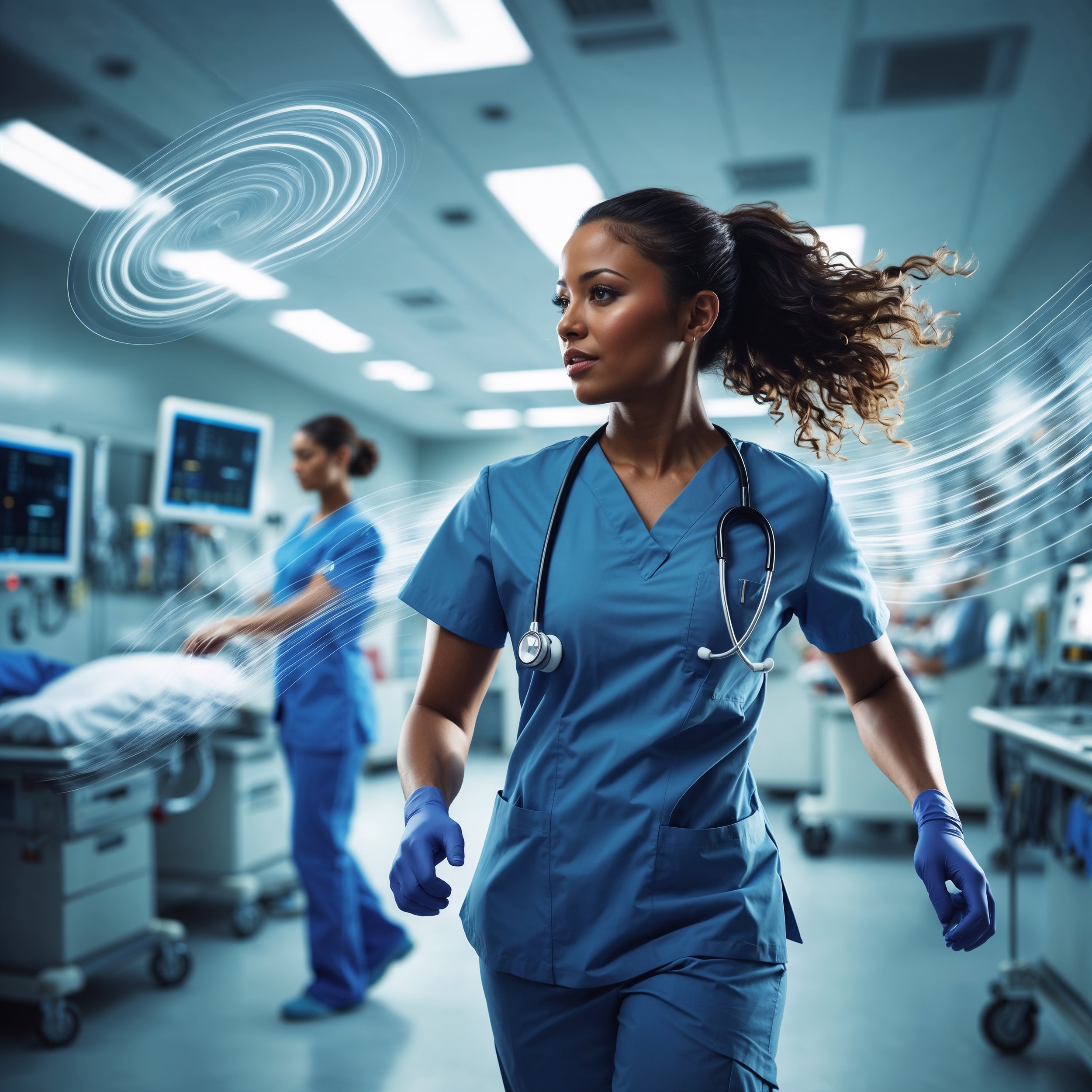 A composed nurse navigating high-pressure tasks with smooth, precise movements, illustrating Wuthea’s principle of effortless adaptation in stressful environments.