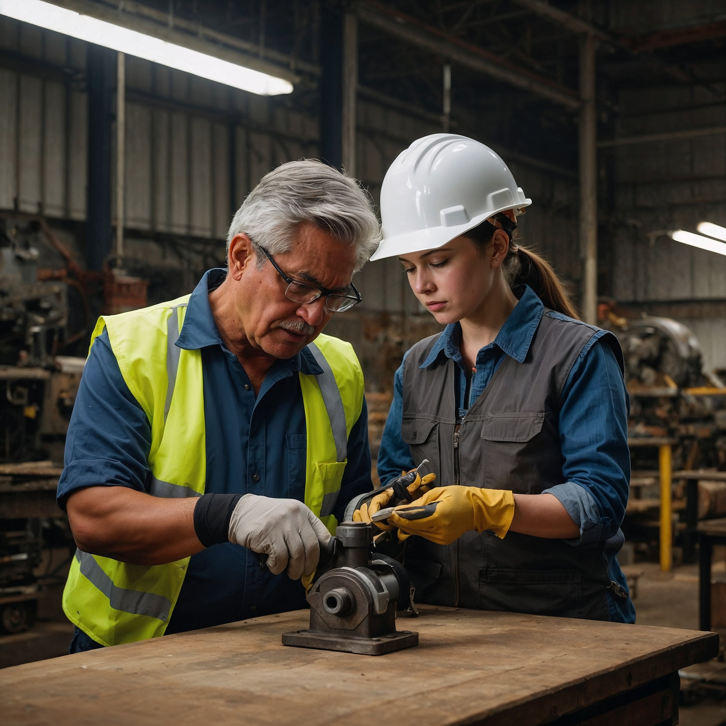 A mentor patiently guiding a new hire, fostering trust, confidence, and ethical leadership through hands-on mentorship and support.