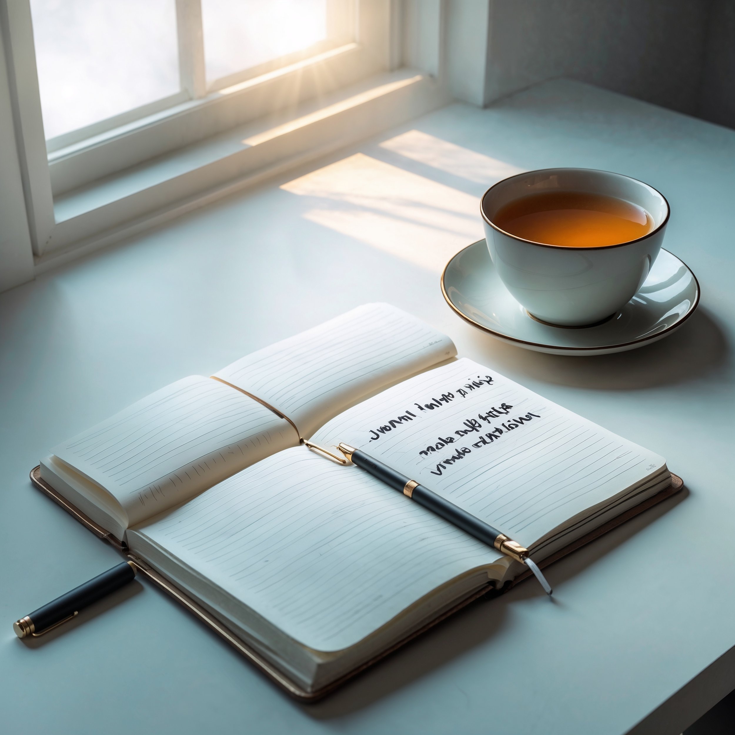A tranquil desk with an open journal and a cup of tea, symbolizing the practice of Daily Virtue Reflection through intentional self-examination.