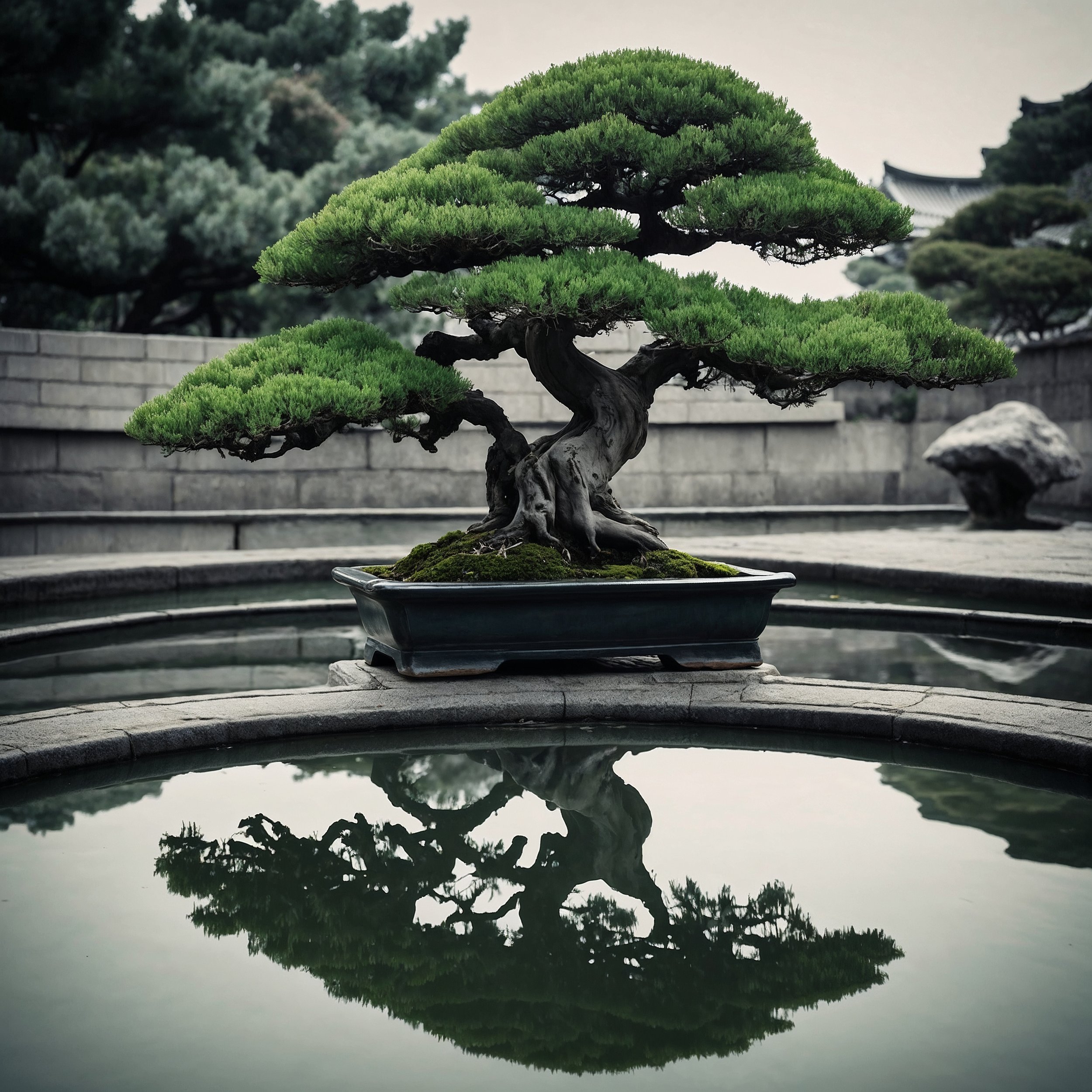 A stone path in a modern city garden, rendered in a traditional Chinese ink style, symbolizing the pursuit of virtue in an urban setting.