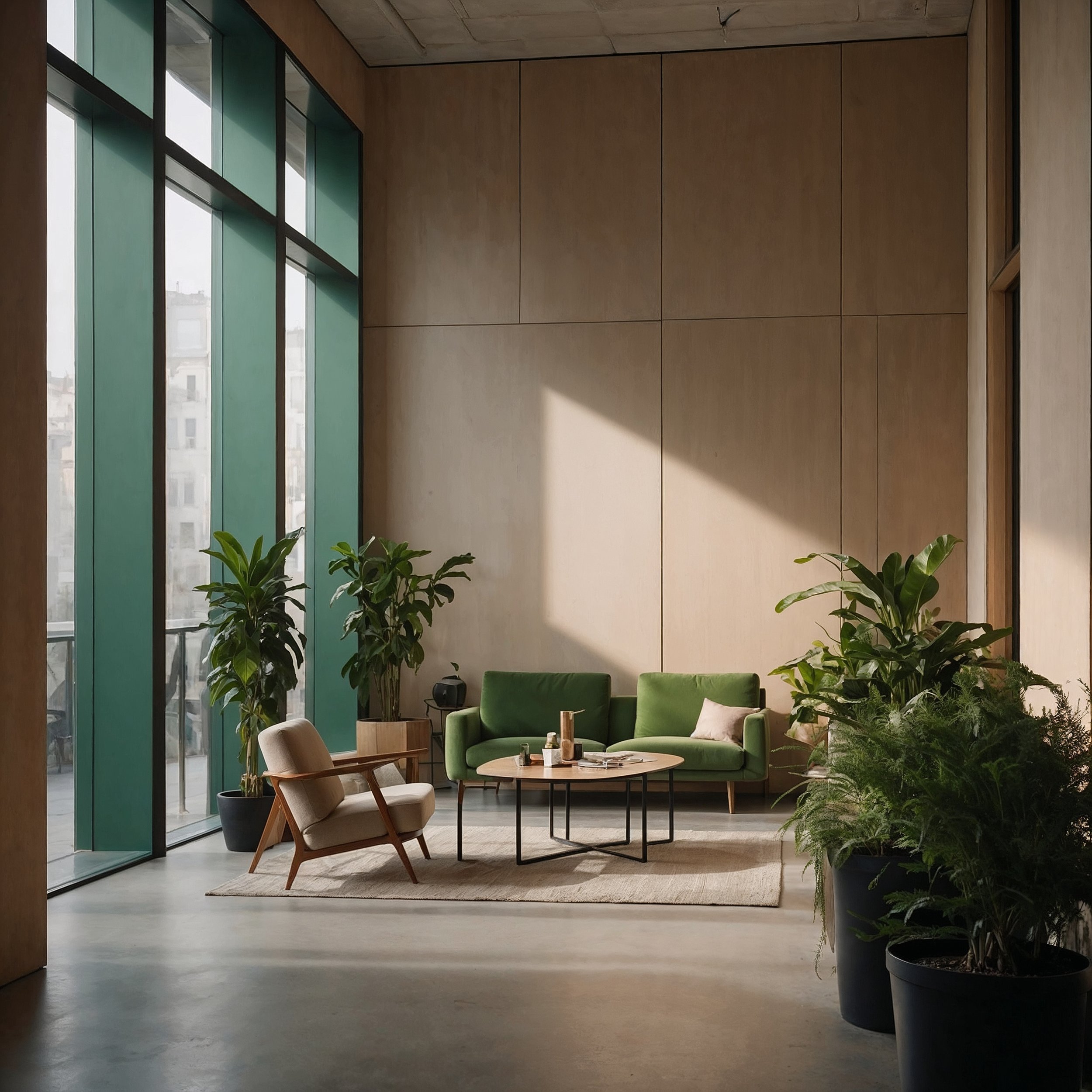 A quiet coworking setup inspiring calm conflict resolution and mutual understanding, guided by the Staoicist Liaphora principles of fairness and empathy.
