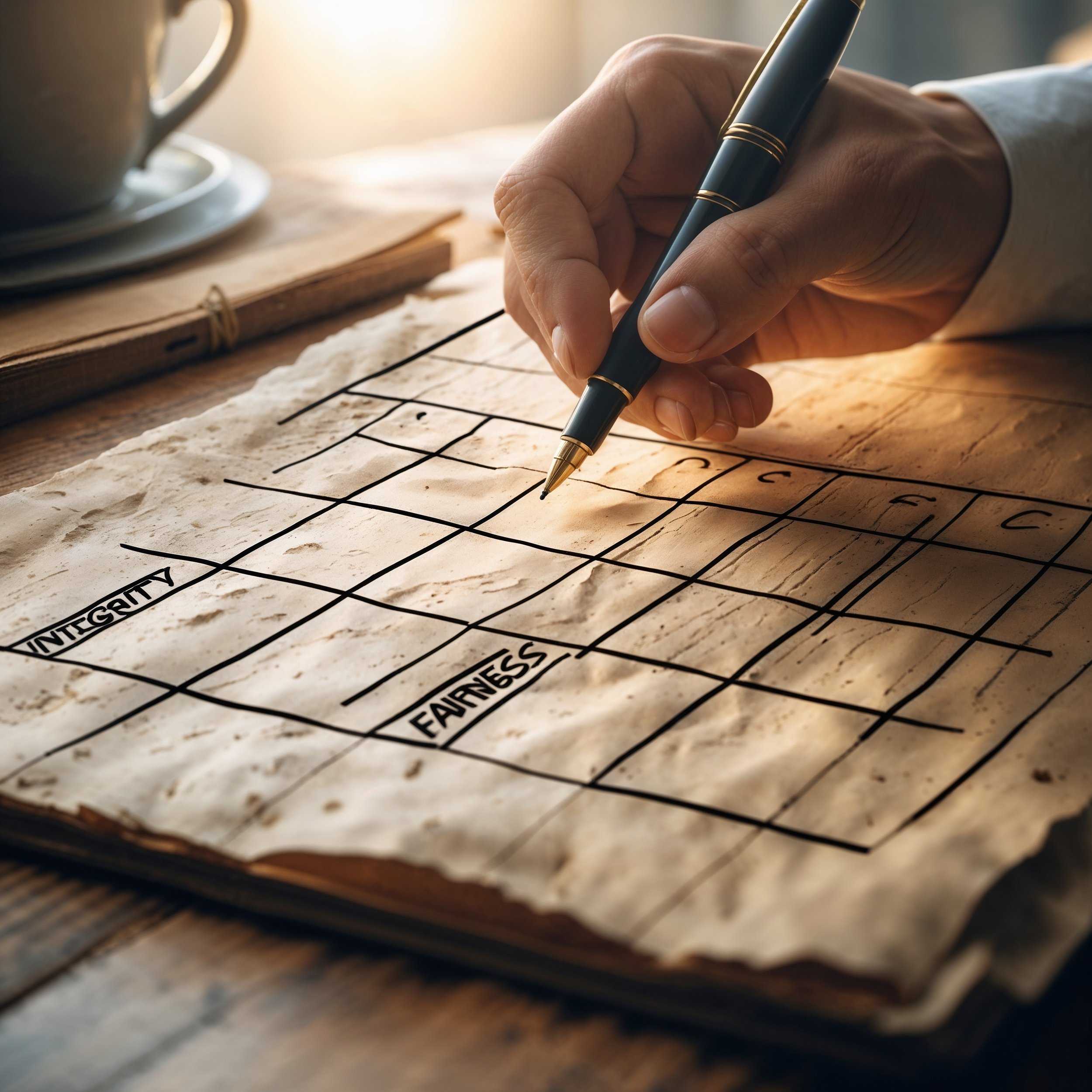 A handwritten decision-making grid with virtues as guiding principles, symbolizing ethical clarity in choices.