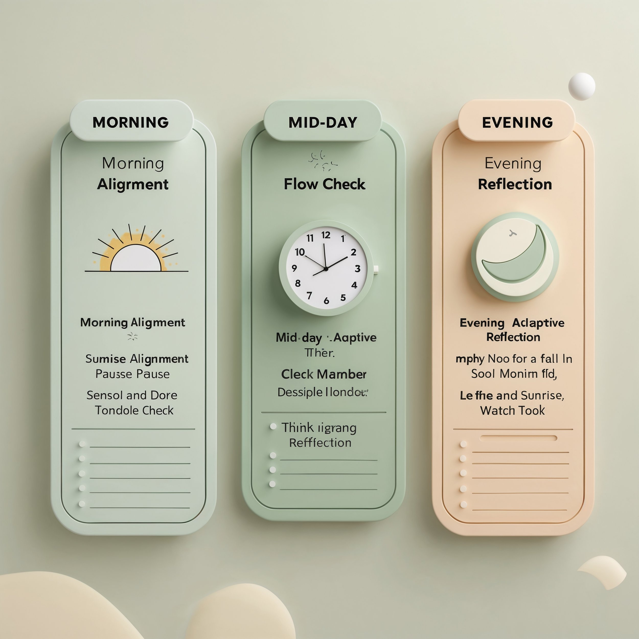 A serene checklist graphic with icons for sunrise, clock, and moon, representing morning alignment, mid-day flow check, and evening adaptive reflection for practicing Wuthea.