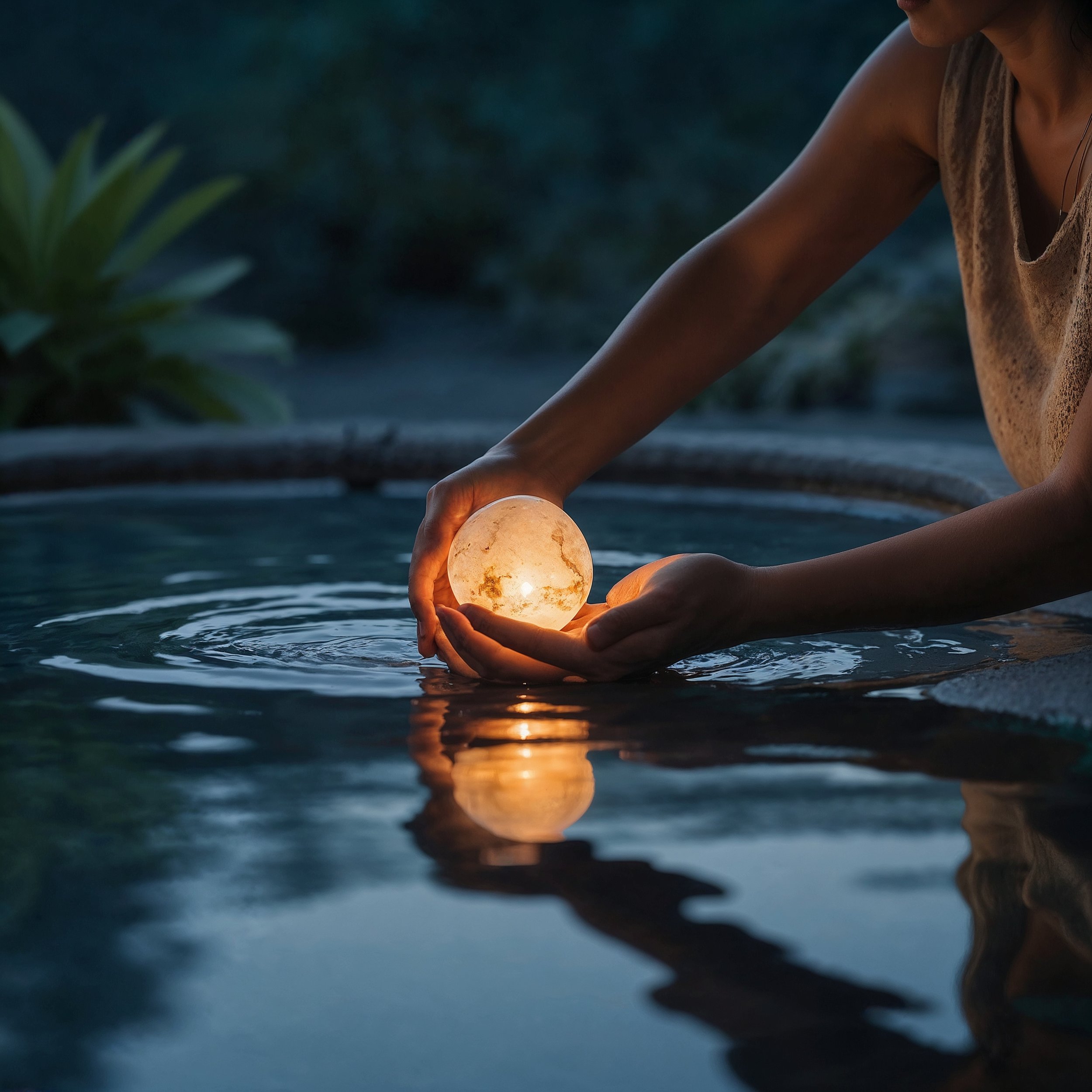 A glowing stone placed in a reflective pool, symbolizing the first step toward serenity and balance with Zenetheia.