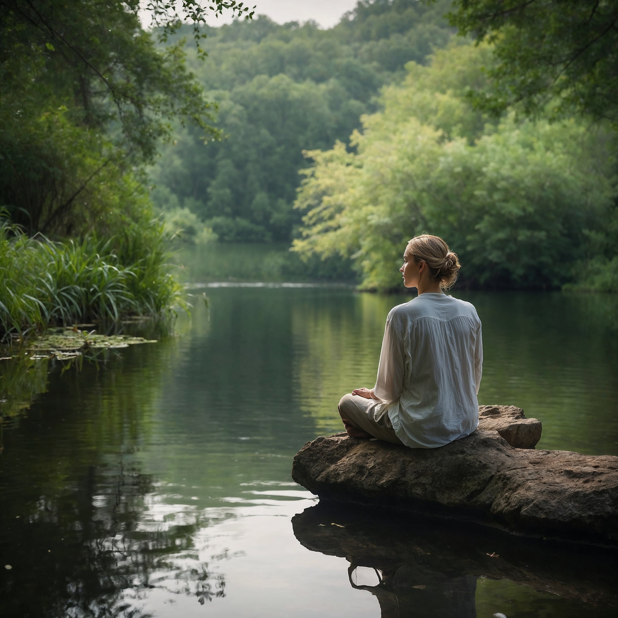 Serene figure meditating in nature, symbolizing inner peace and balance through Staoicism.
