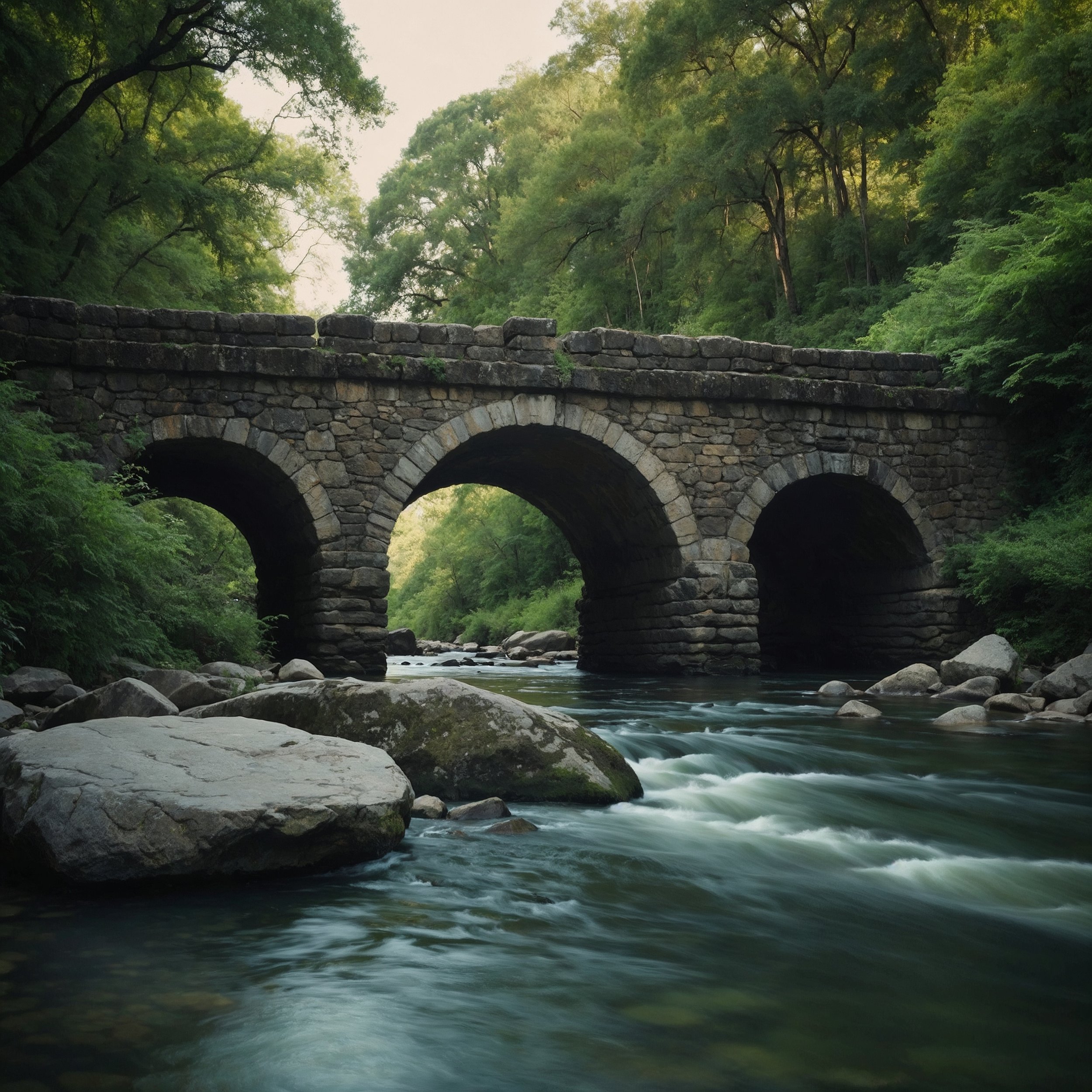 A timeless stone bridge spanning a flowing river, surrounded by lush greenery.