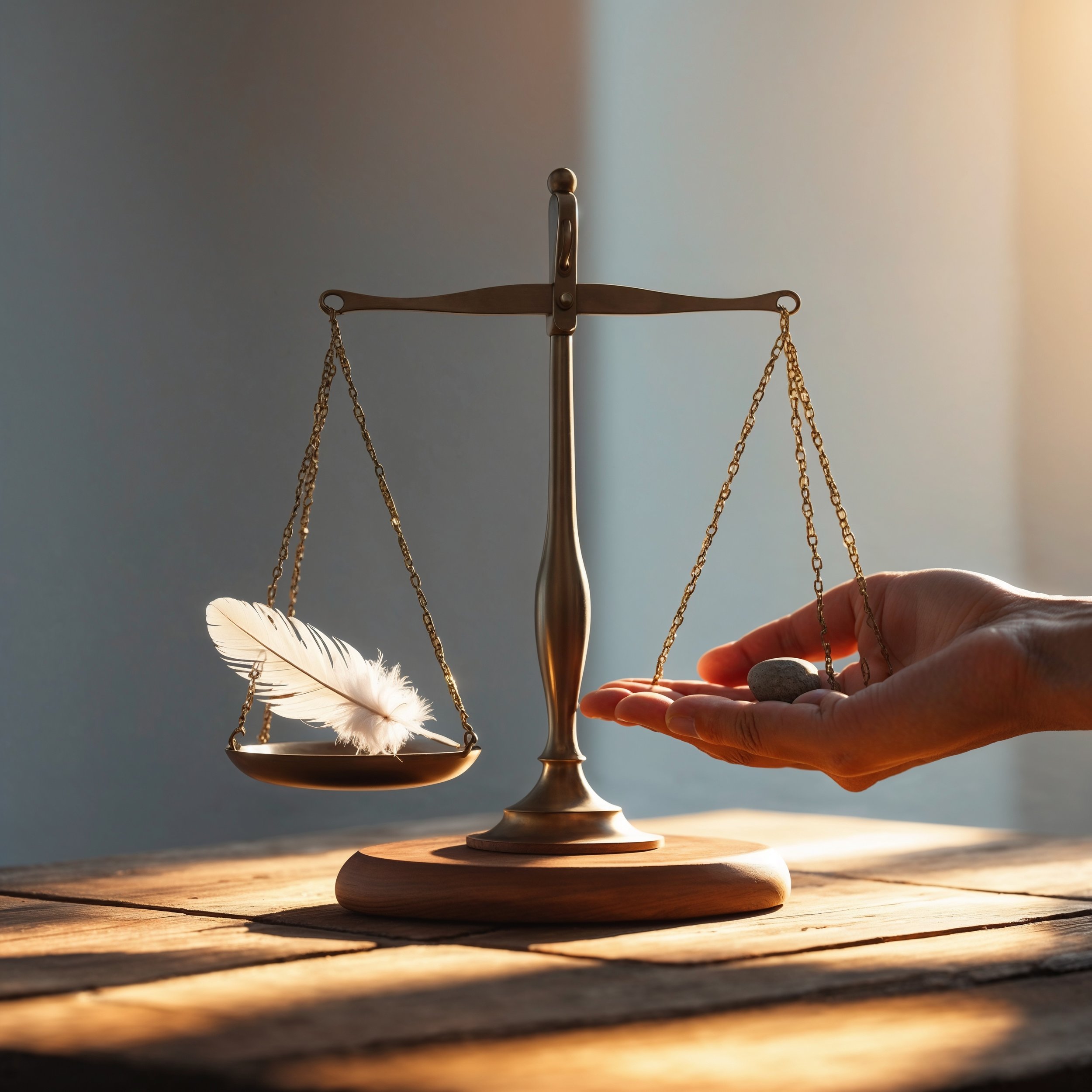 A balanced scale with a feather and a stone, symbolizing the mindful practice of fairness and integrity in everyday decisions, embodying Liaphora’s wisdom.