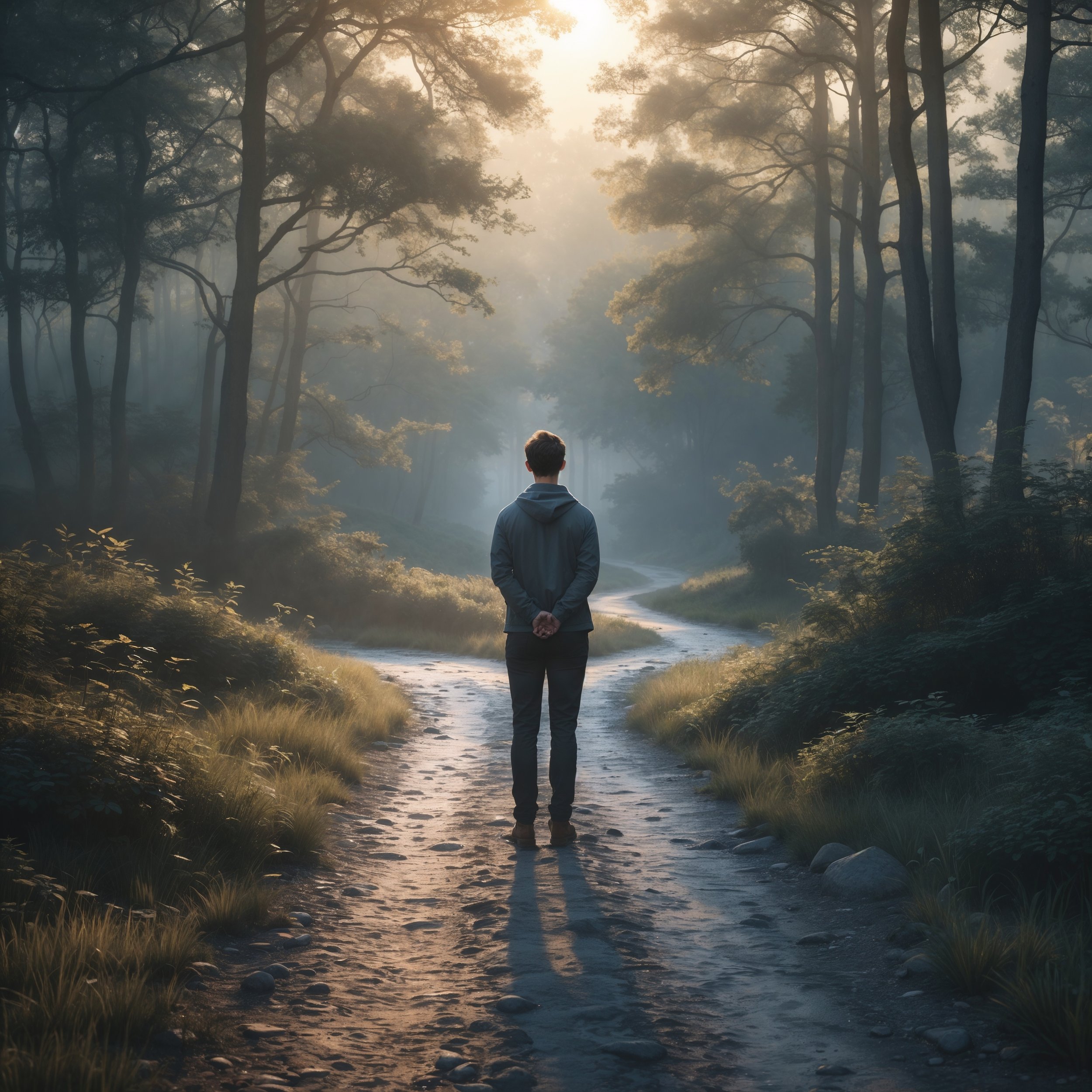 A reflective figure stands at a fork in the forest path, embodying the power of pause and intentional choices guided by wisdom.