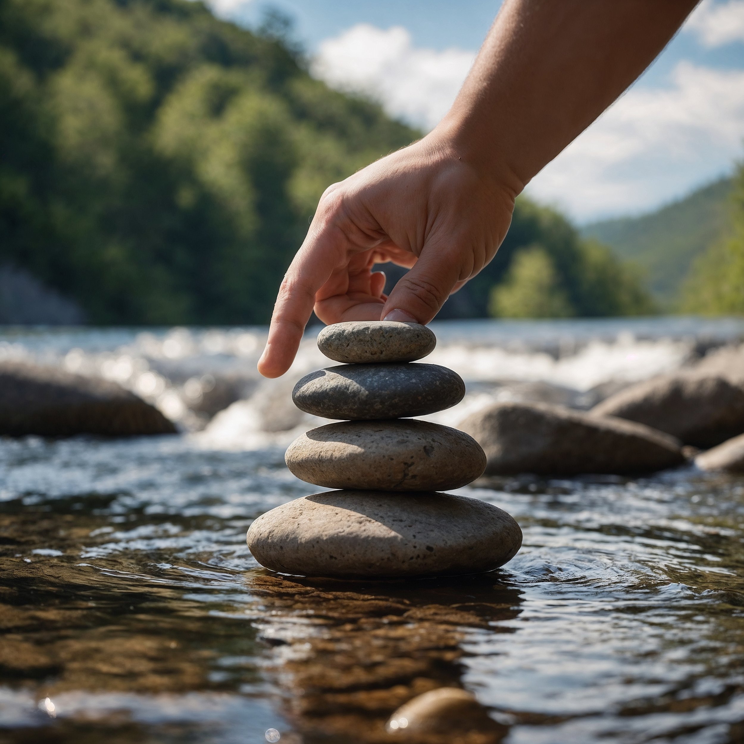 A balanced stack of stones beside a flowing river, symbolizing resilience and adaptability in caregiving scenarios.