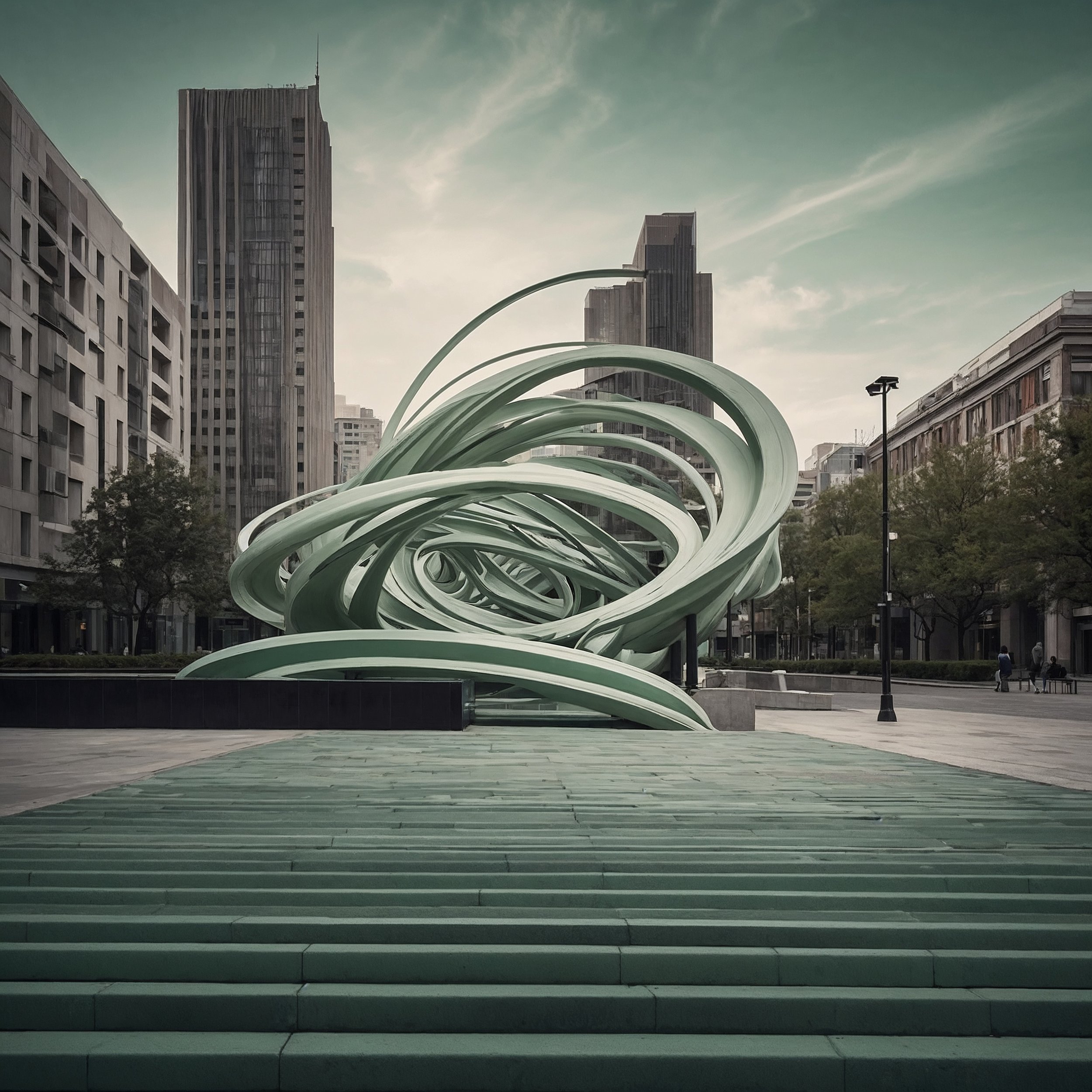 Abstract windy waves drifting through a modern city square, symbolizing effortless action and flow without force, inspired by traditional Chinese brushstrokes.