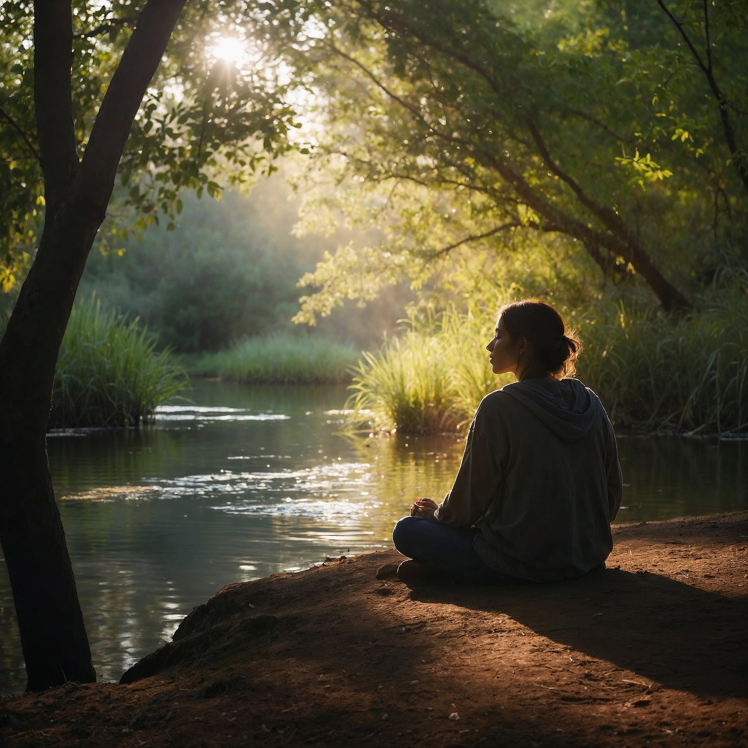 A person meditating outdoors, surrounded by soft sunlight and a tranquil natural setting, symbolizing mindfulness and presence.