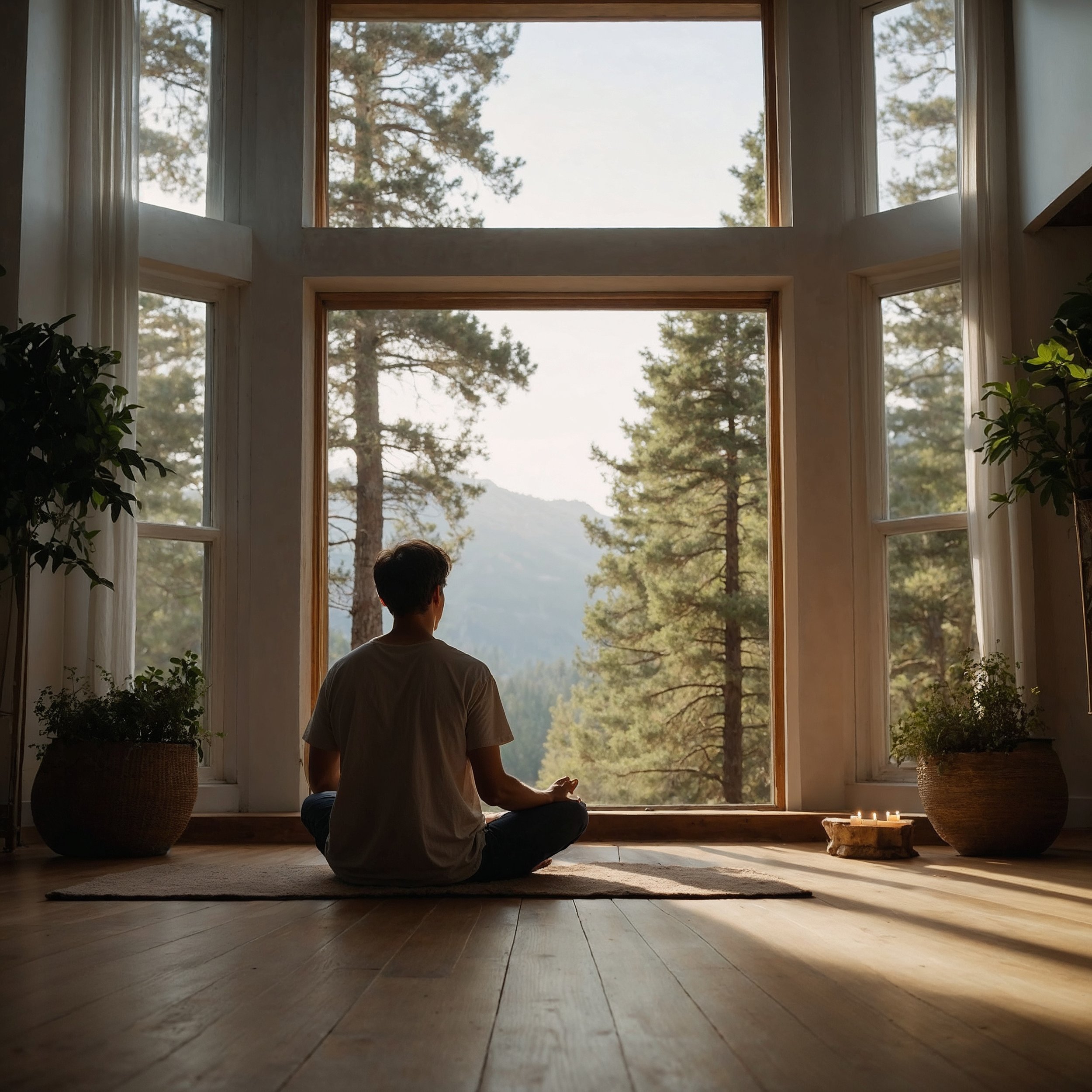 A person sitting in quiet contemplation, embracing stillness to align thoughts with virtue.