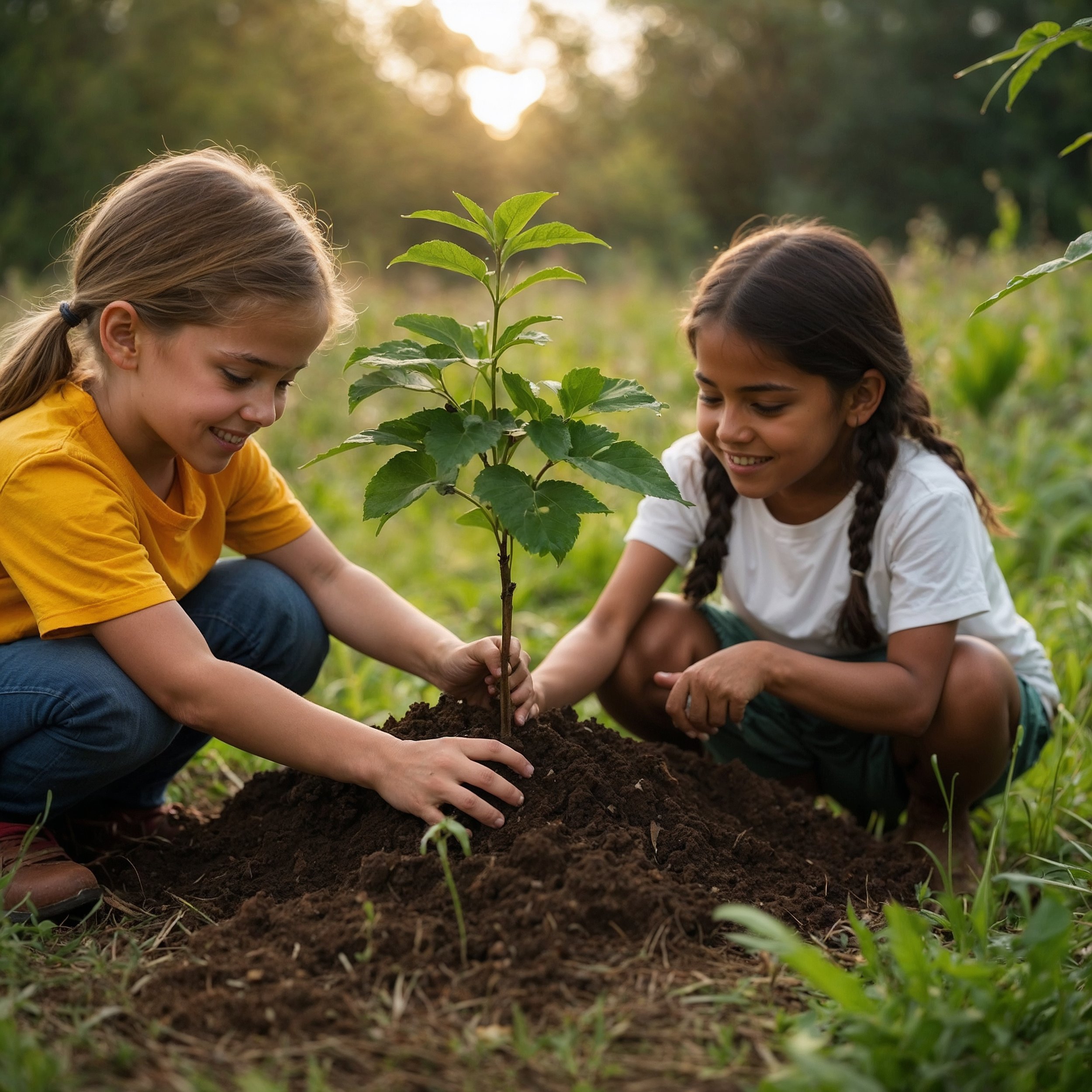 A visual representation of children engaging in hands-on environmental learning, fostering a deep, experiential connection to sustainability through Staoic principles.