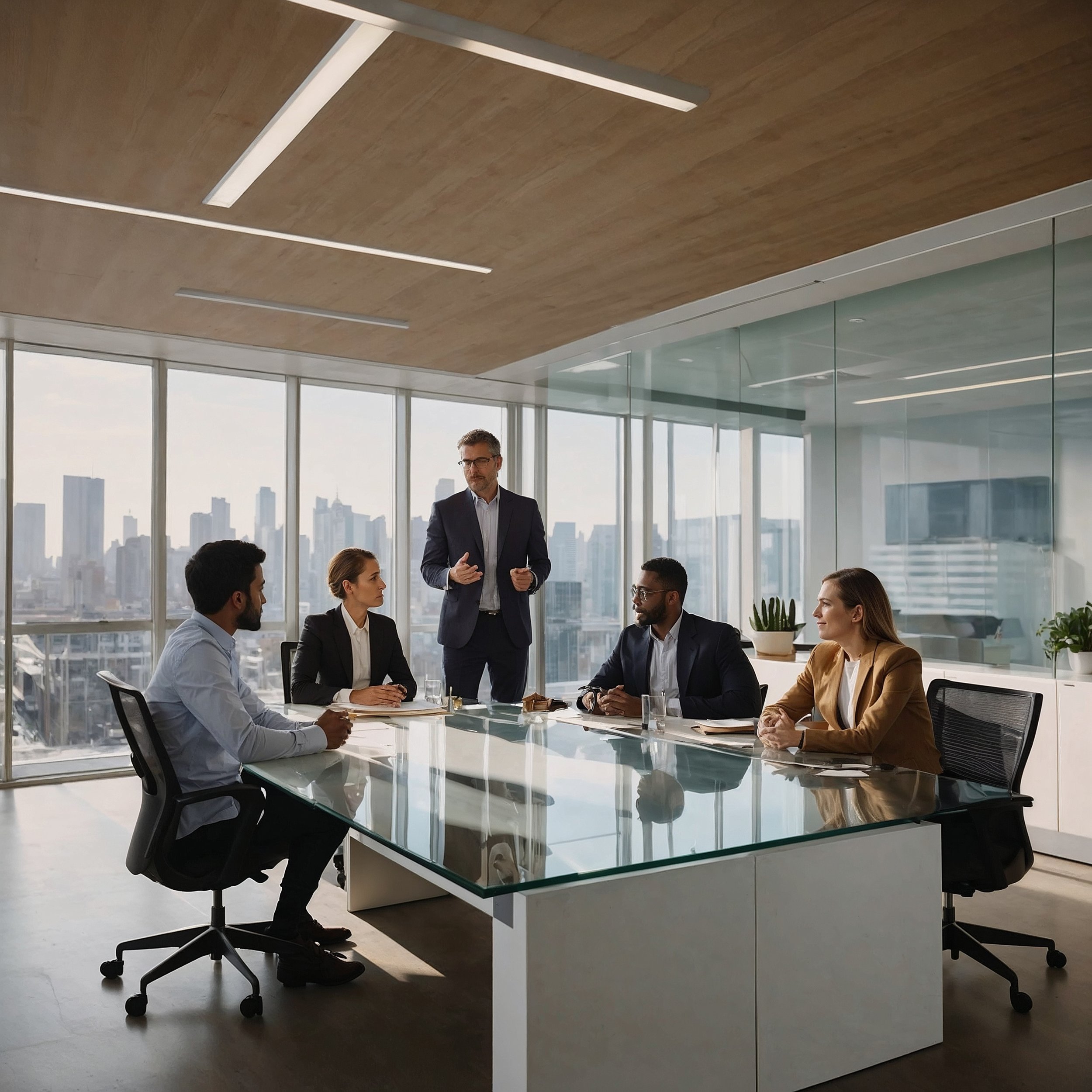 A diverse team engaged in collaborative problem-solving in a modern office, illustrating the power of trust and integrity over workplace competition.