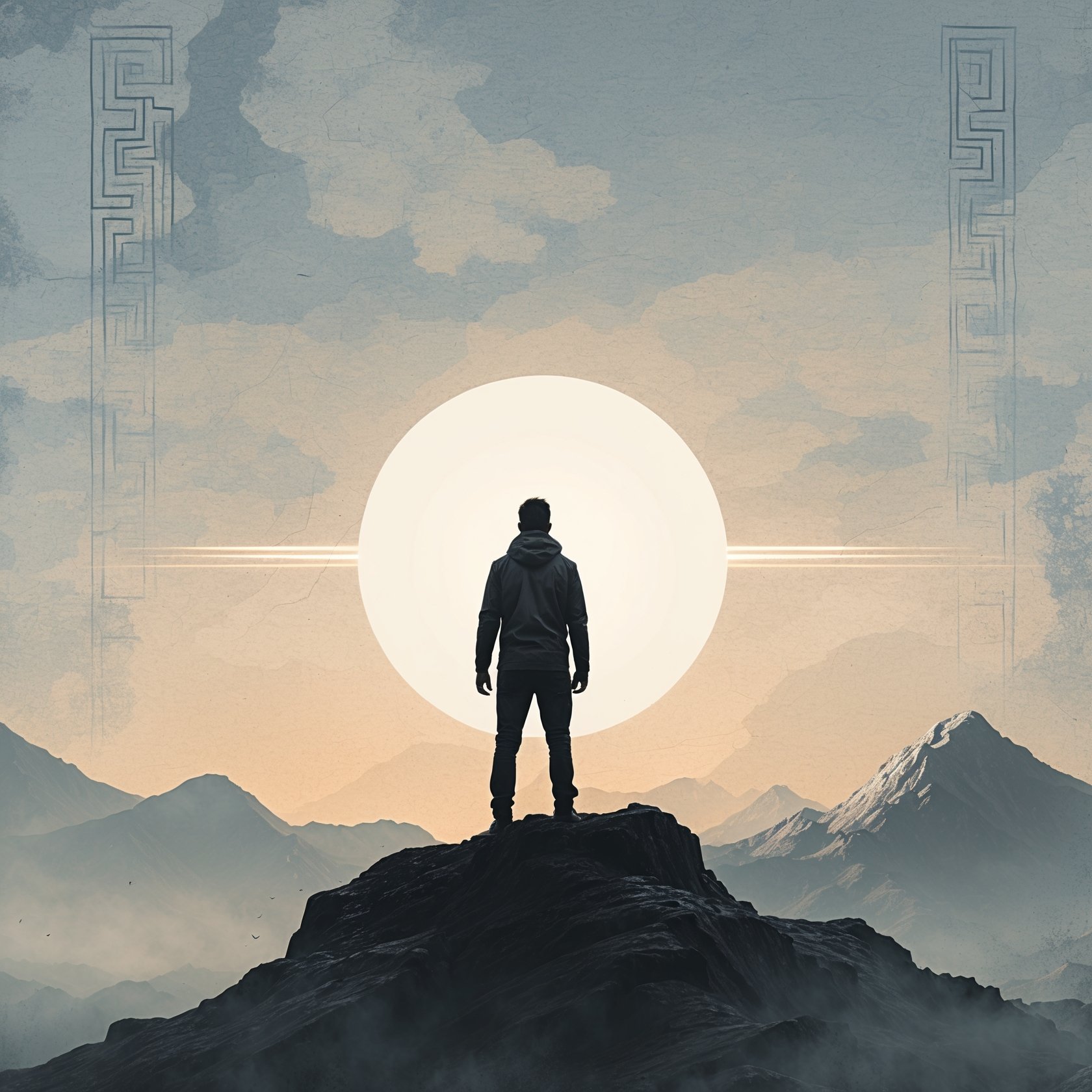 A serene figure on a mountain peak at sunrise, symbolizing clarity of purpose and intentional action inspired by Stoic philosophy.