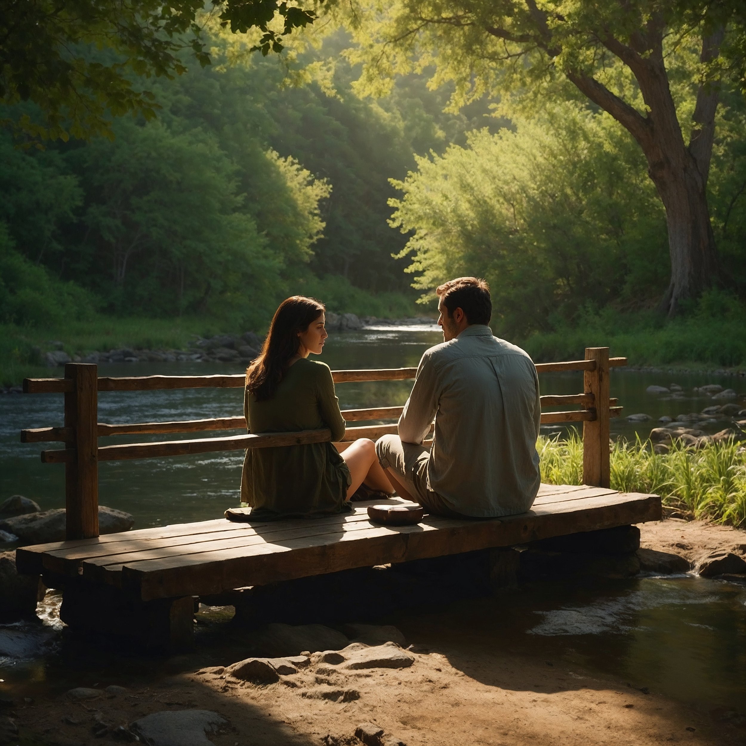 A calm, introspective scene of reflective listening between two people, illustrating the Liaphora Staoicist practice of empathy and presence in conversation.