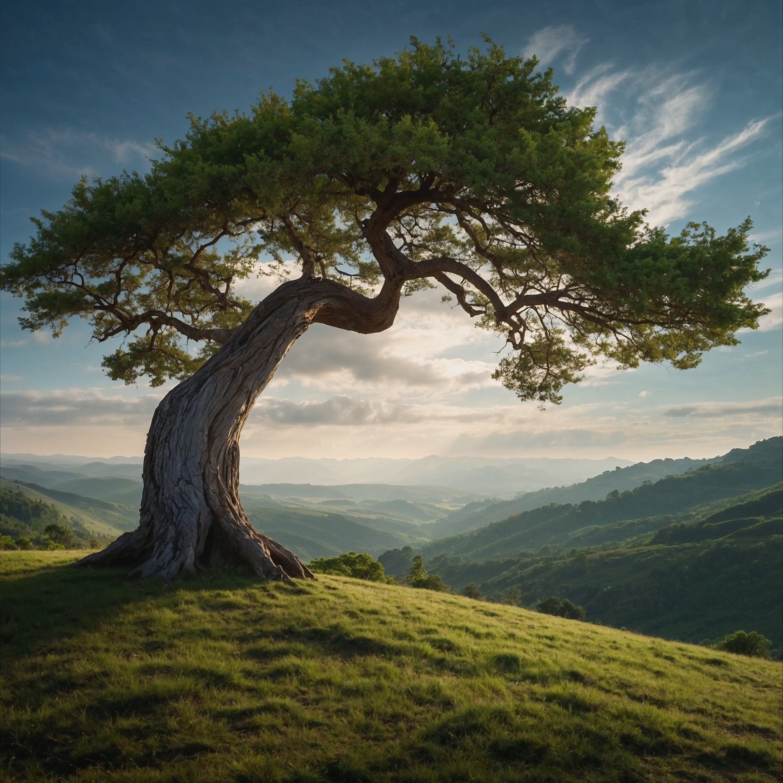 A tree bending in the wind, symbolizing Daesys’ wisdom of resilience, adaptation, and using nature as a teacher in moments of stress.