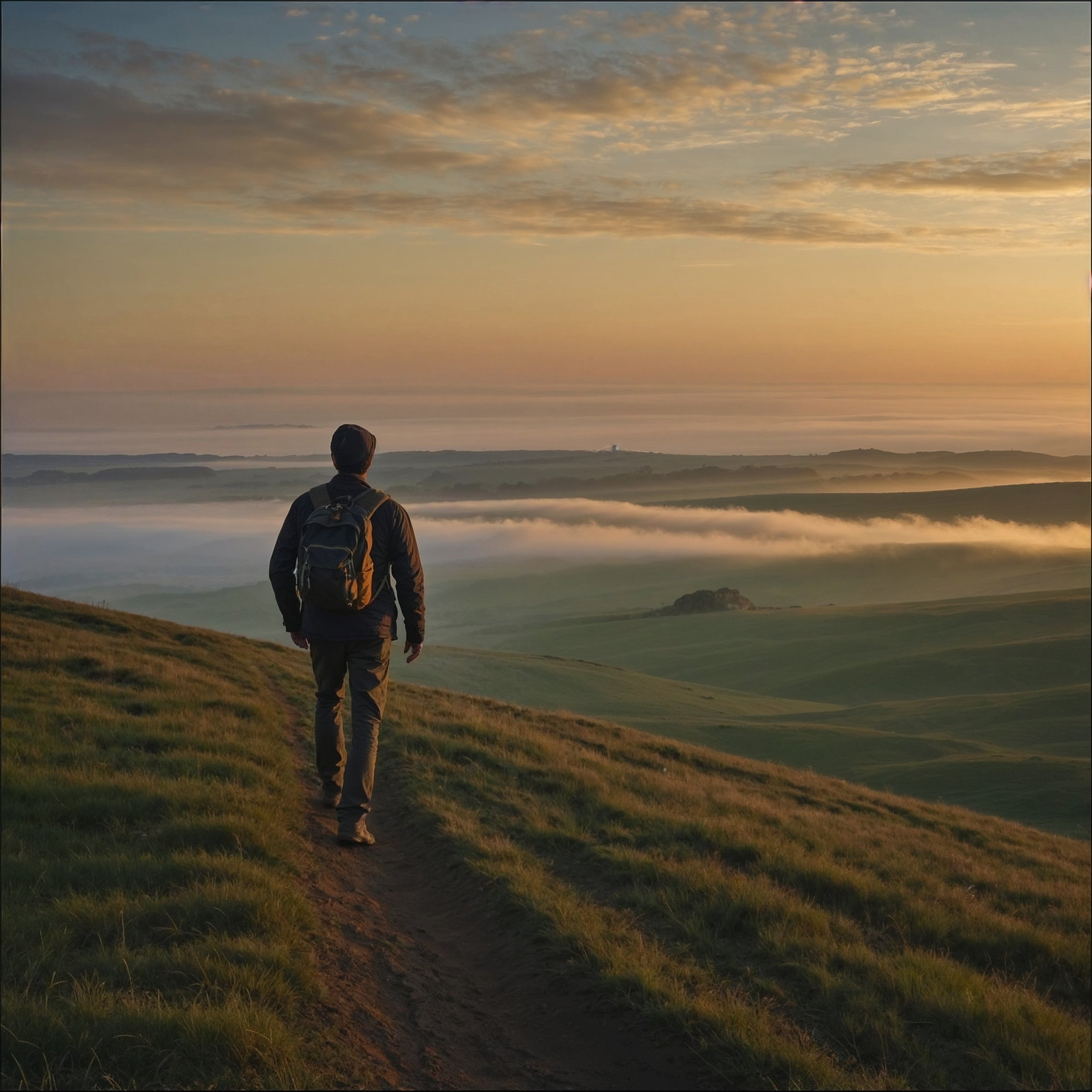 A person stands alone on an open hill, gazing at the horizon as past labels fade into the mist, representing the journey of letting go of external validation and embracing inner confidence.