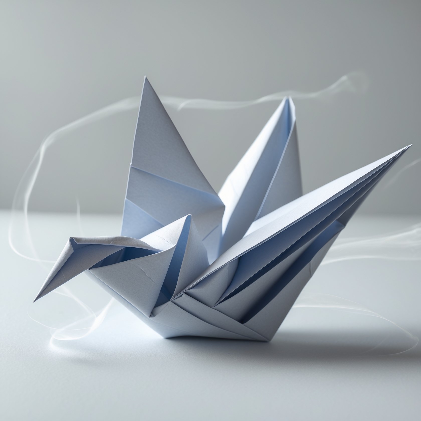 A partially folded origami bird, symbolizing adaptability as a path to serenity, reshaping without losing essence.