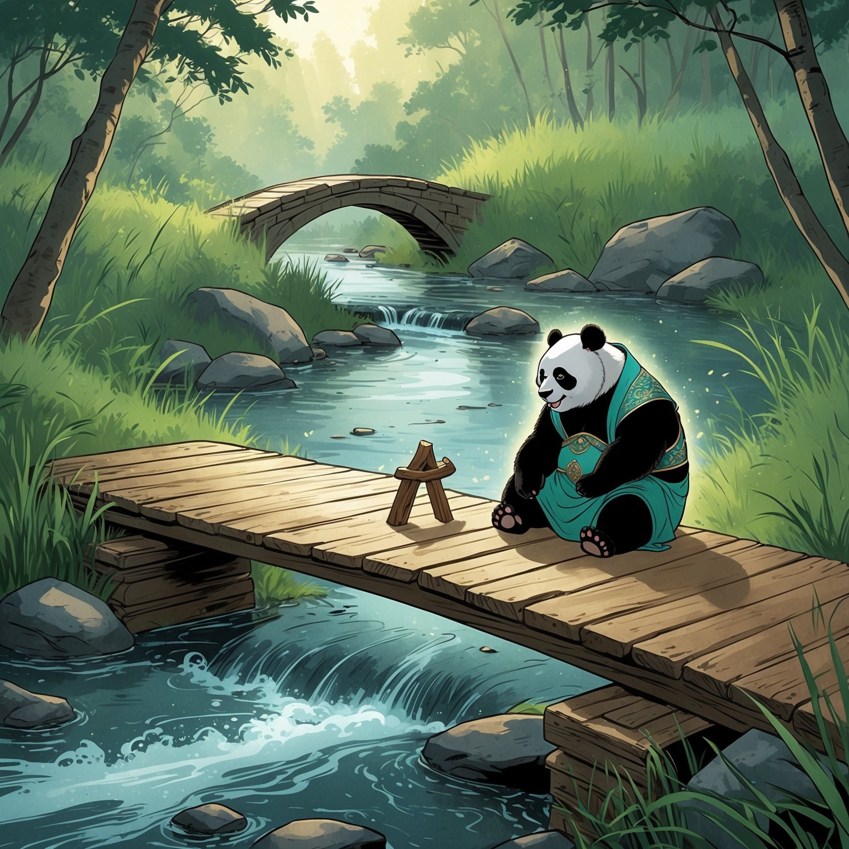 Stao Panda sits on a wooden bridge over a flowing stream, gazing at a small wooden bridge carving in front of him, surrounded by lush greenery and soft sunlight.