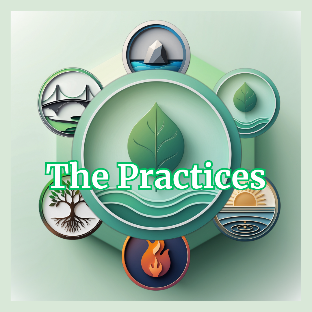 A serene visual representing Staoicism practices, featuring a central green leaf surrounded by natural elements like water, fire, trees, and bridges, symbolizing balance, mindfulness, and harmony.