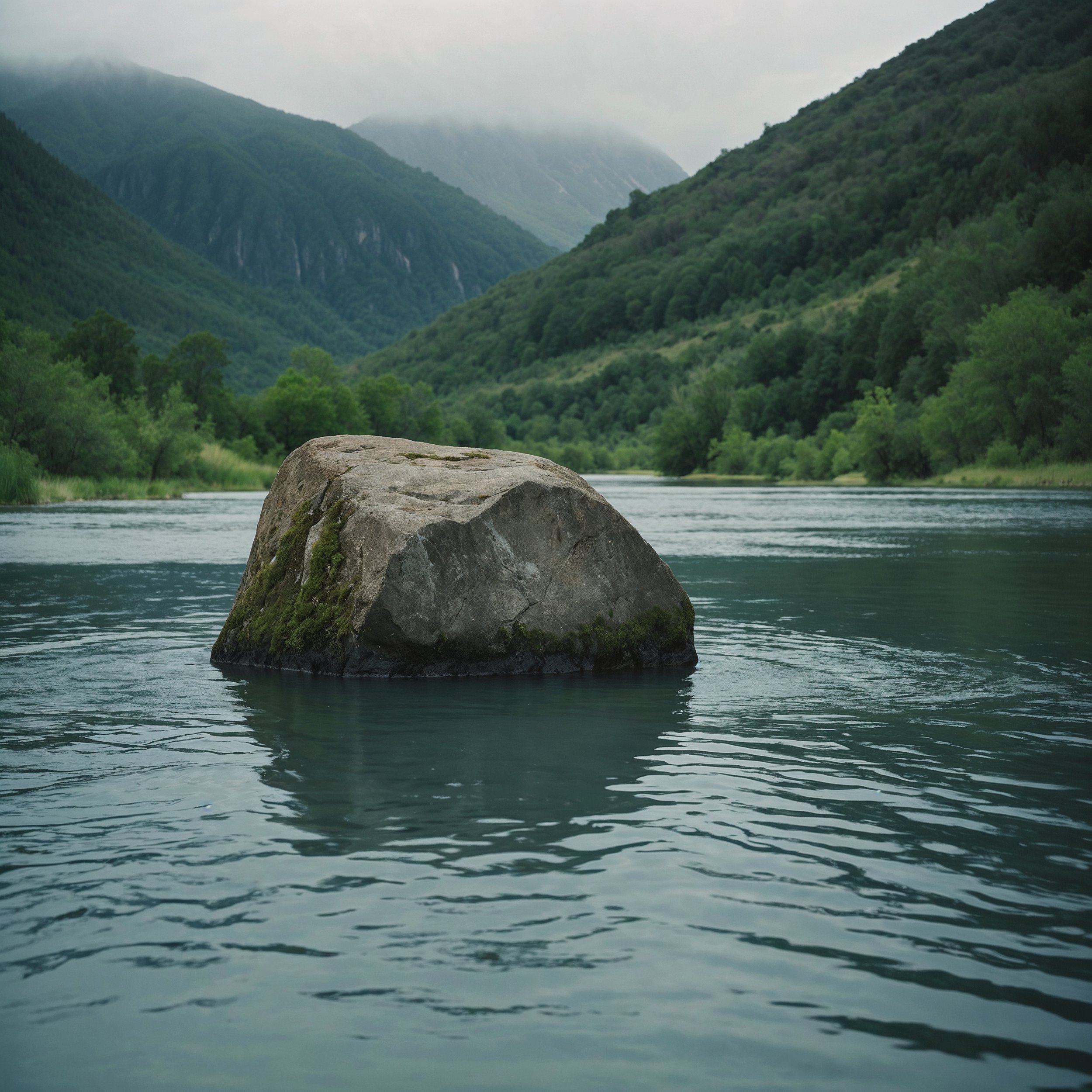 A sturdy boulder in a flowing river, symbolizing the balance between strength and flow in Staoicism.