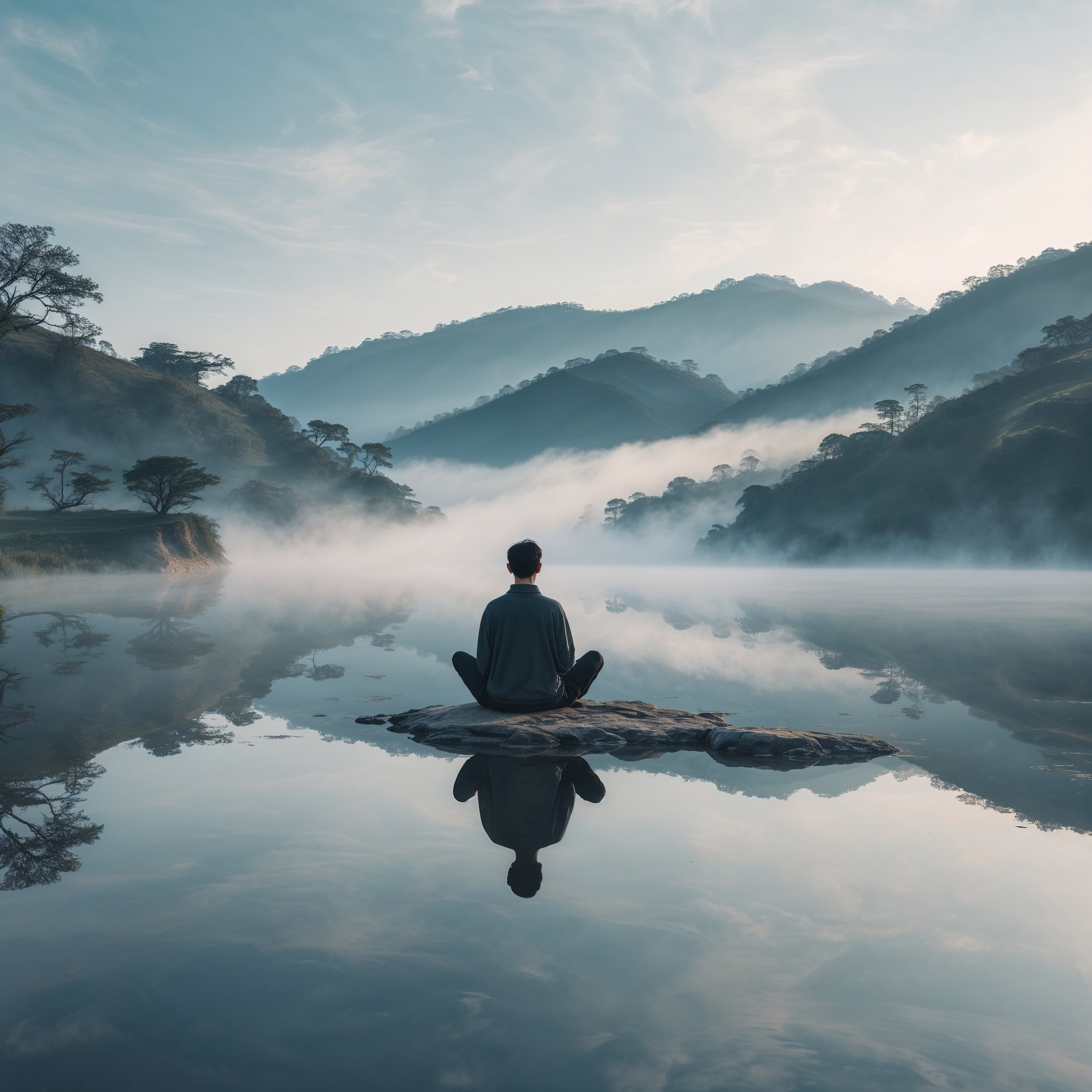 A person sitting at the edge of a calm lake, looking at their reflection, representing the Taoist insight that wisdom comes from self-knowledge and effortless alignment.