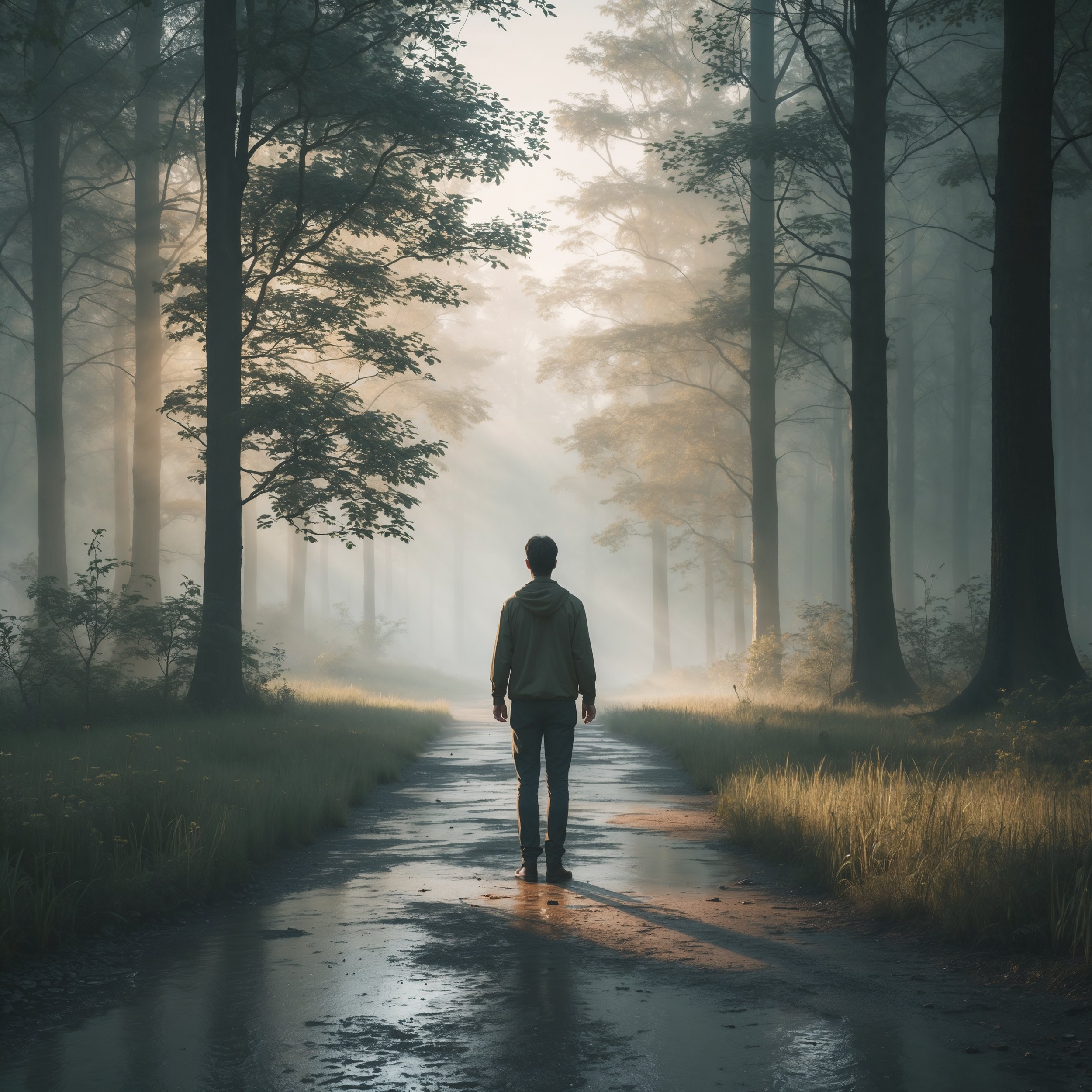 A contemplative figure pauses at a forest crossroad, symbolizing the Staoicist Fairness Pause—an intentional moment to choose justice and empathy in decision-making.