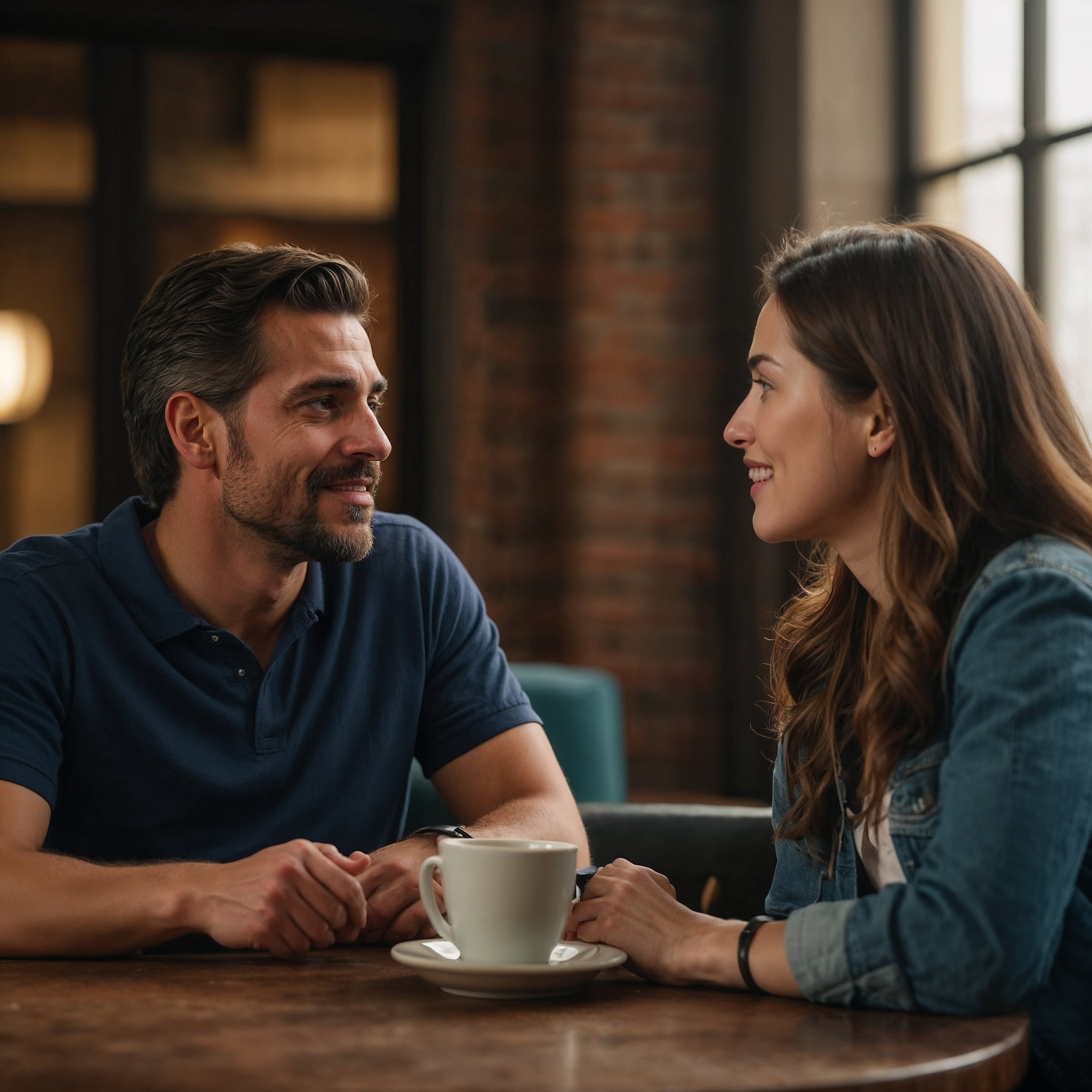 A close-up of two people engaged in a deep conversation, with attentive listening and eye contact, symbolizing mindful presence and connection.