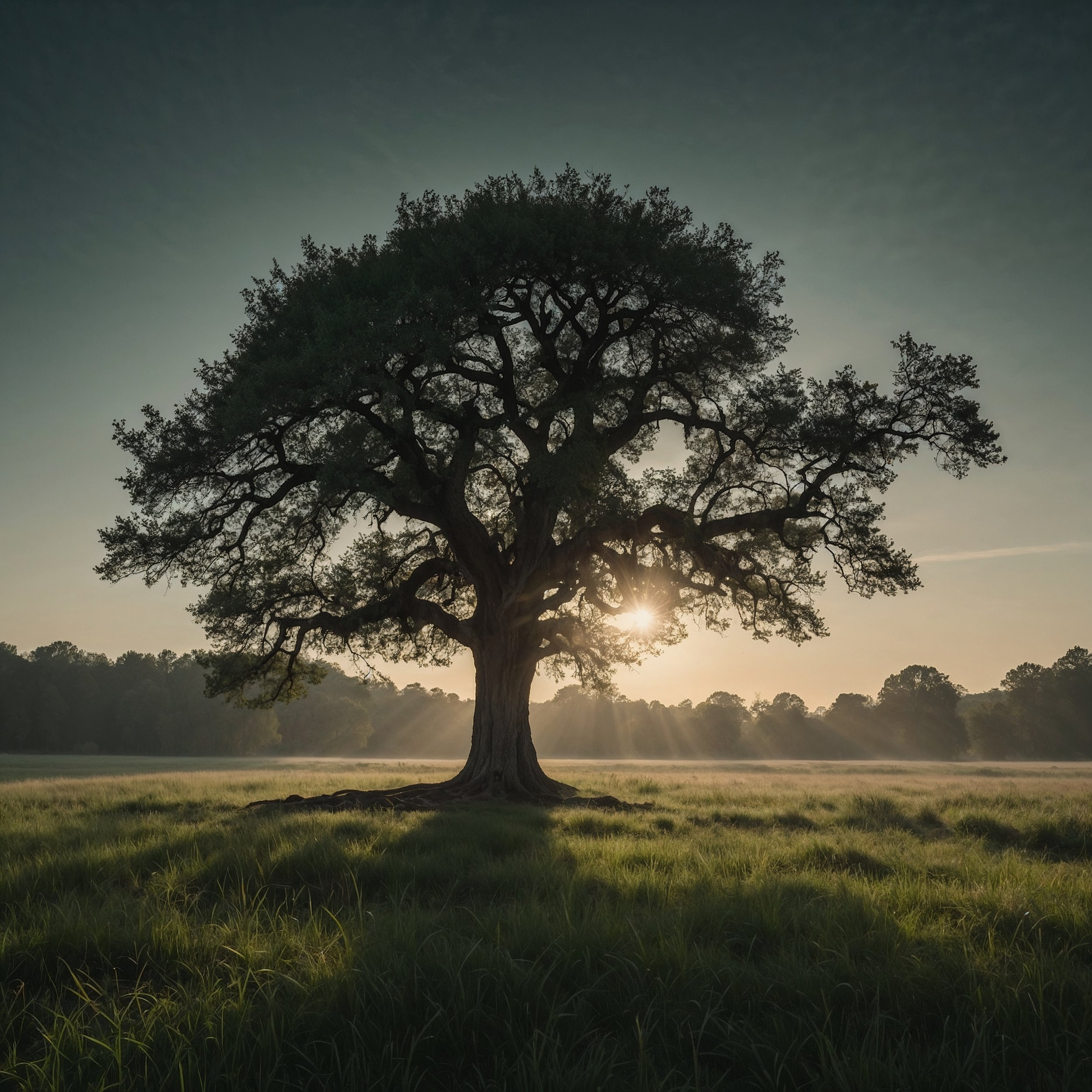 A lone tree at sunrise, symbolizing balance, resilience, and the natural flow of Daesys in Staoicism.