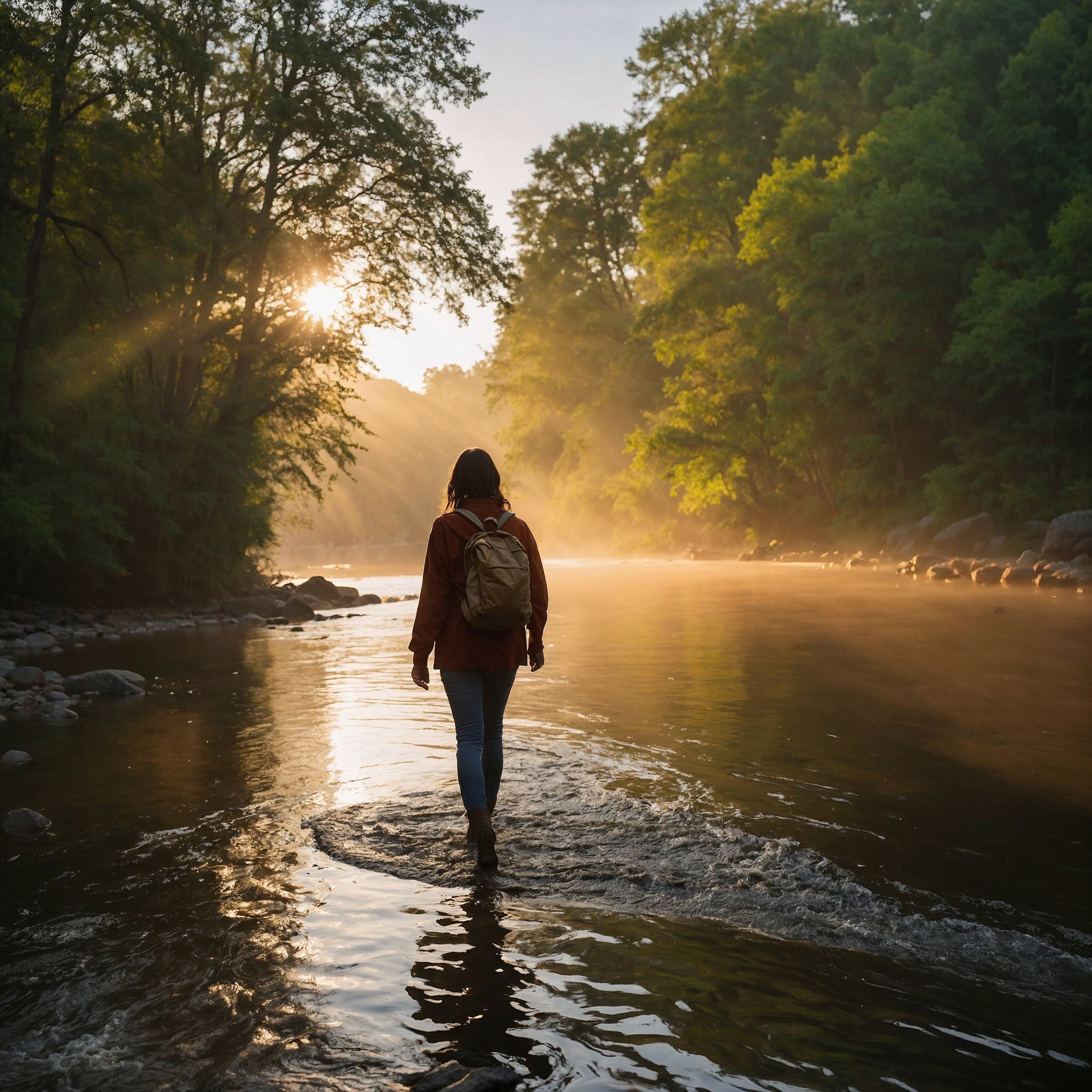A peaceful morning scene of a person walking by a flowing river at sunrise, symbolizing Wuthea’s effortless alignment with life’s natural rhythms.