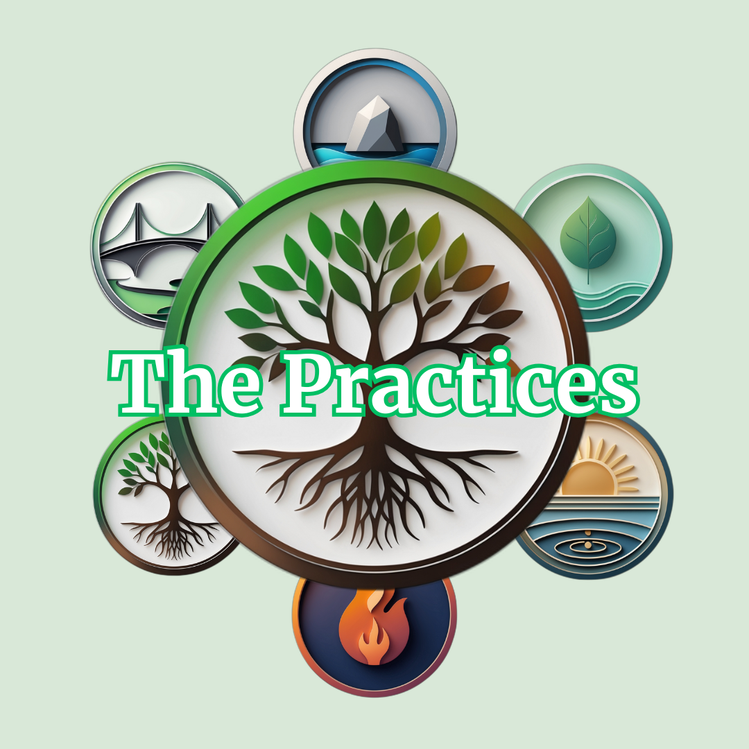 Symbolic representation of Daesys Practices with a central tree icon, surrounded by six elemental symbols representing different aspects of balance and harmony.