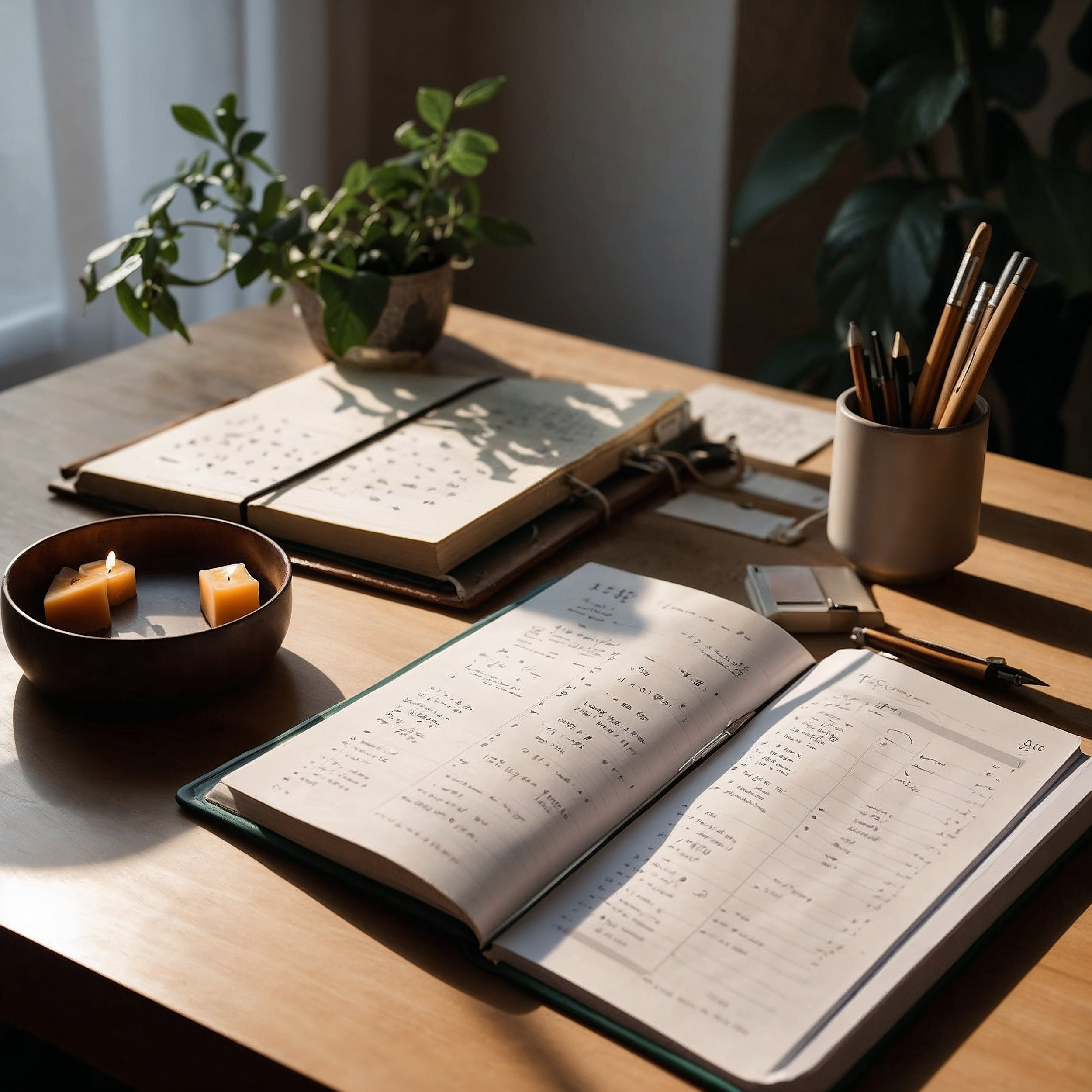 A calm reflective scene of a weekly fairness review session, illustrating the Staoicist practice of ethical alignment and relational balance.