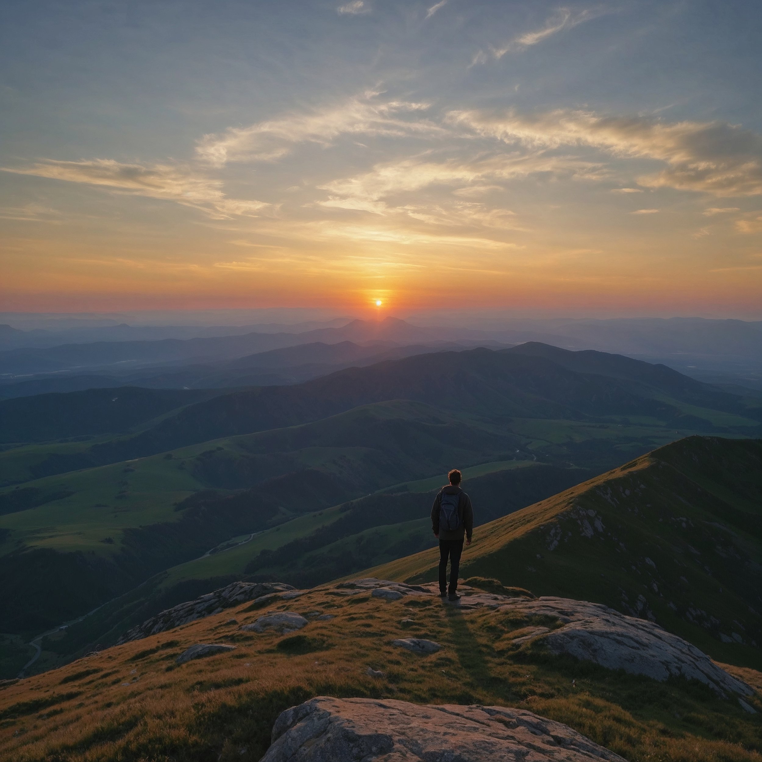 A determined figure standing at the edge of a mountain peak at sunrise, symbolizing resilience and the journey of rebuilding self-confidence through daily virtue reflection.