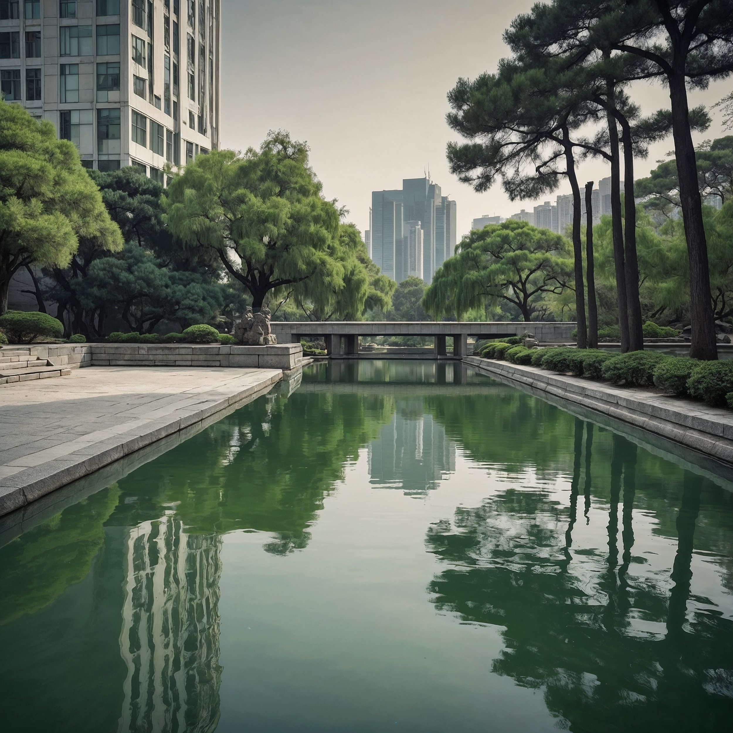 A reflective pool in a city park, with building reflections and water ripples, symbolizing the balance between discipline and surrender.
