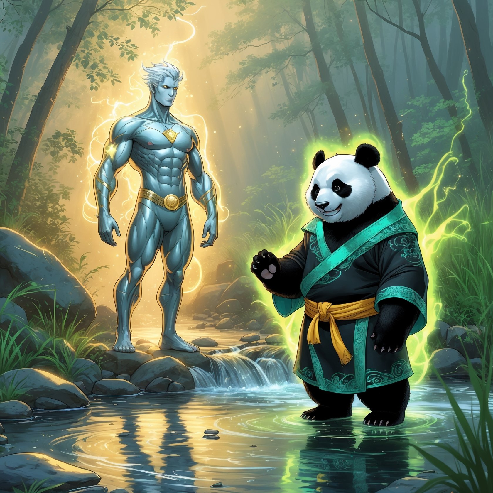 Stao Panda by a forest stream at sunrise, embodying Wuthea’s effortless harmony between action and flow.