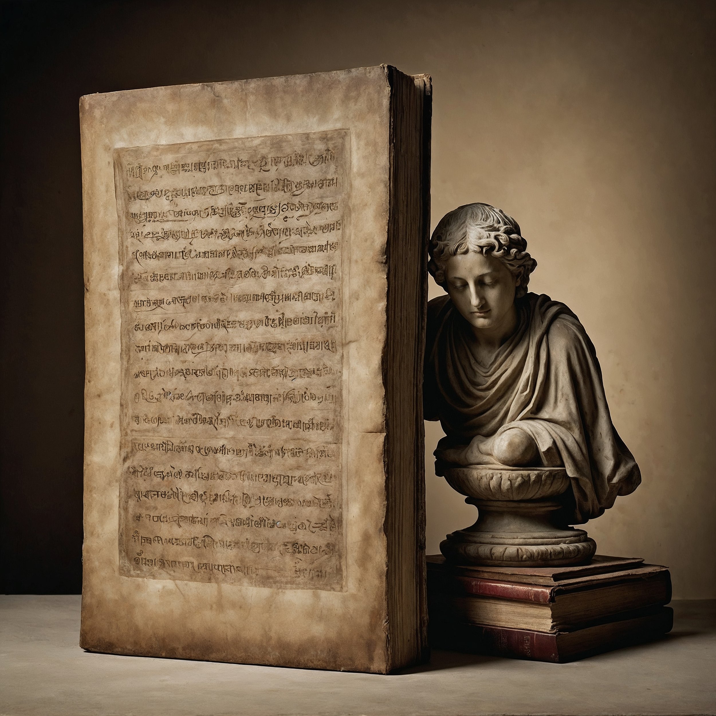 Picture of an ancient scroll and marble statue, symbolizing wisdom and ethical principles through intricate calligraphy and a stoic figure.