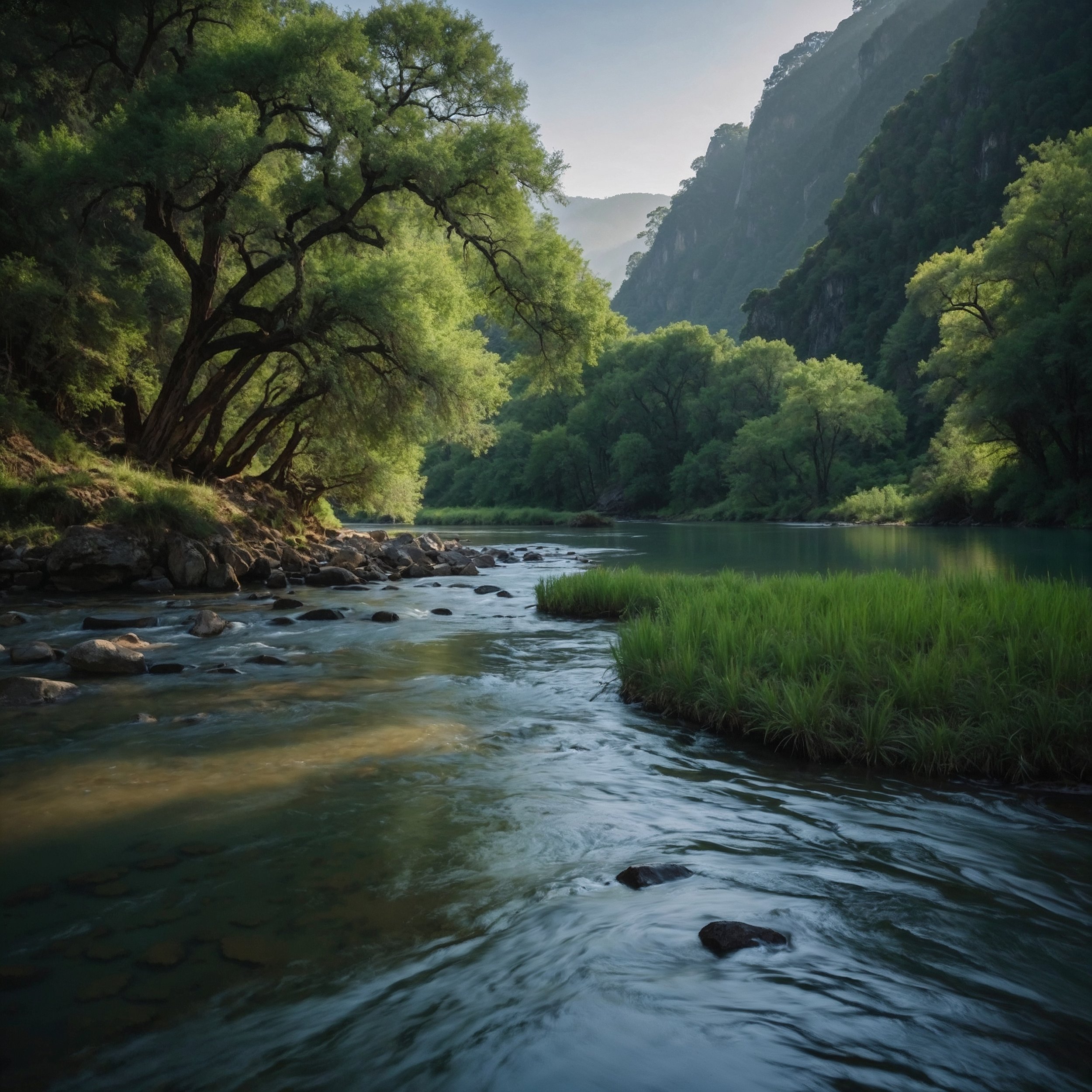 A tranquil river flowing through a serene valley, symbolizing effortless harmony and natural connection, reflecting the Staoic wisdom of Liaphora.