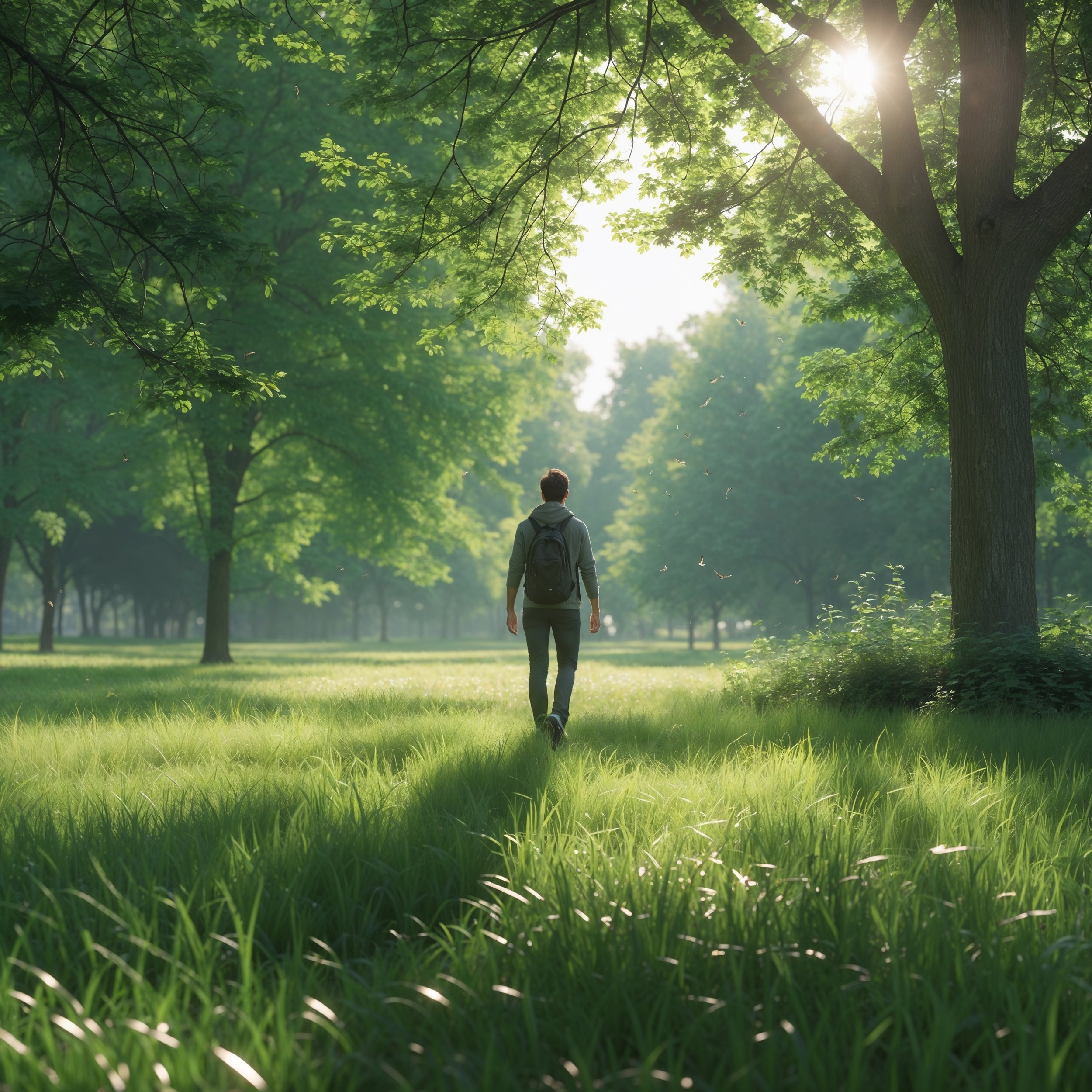 A person walking mindfully through a lush green park, observing nature with presence, symbolizing the practice of grounding through awareness.