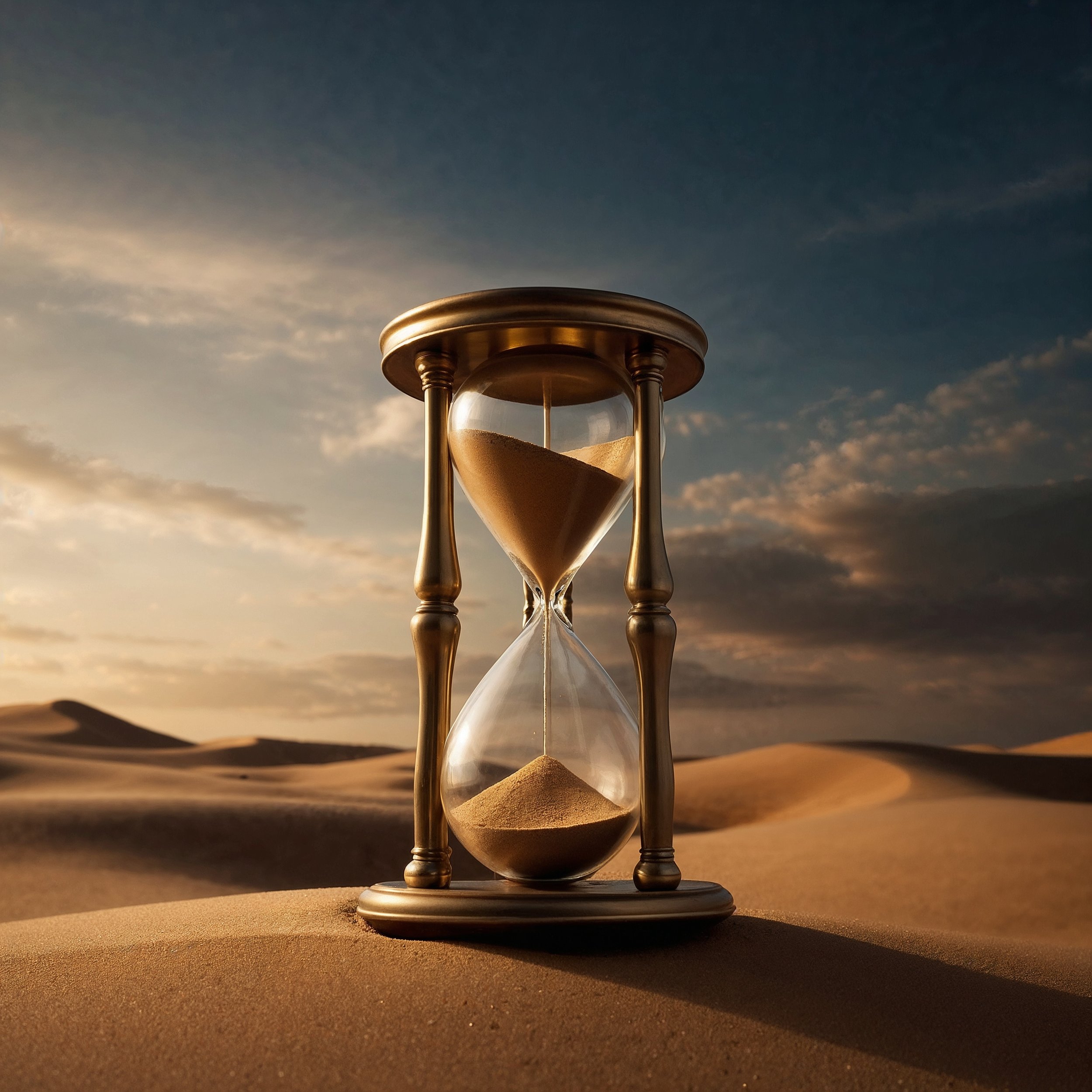 A golden hourglass with sand flowing steadily, symbolizing the Stoic principle of acting in the present and not wasting time in regret or worry.