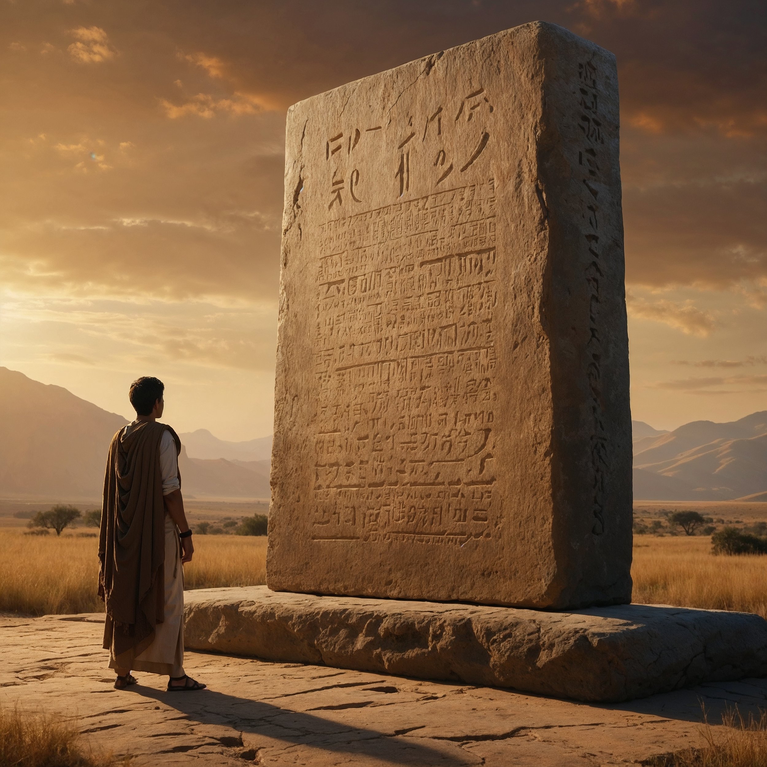 A figure engraving core virtues onto an ancient stone tablet, symbolizing the Staoicist principle of actively practicing one's values.